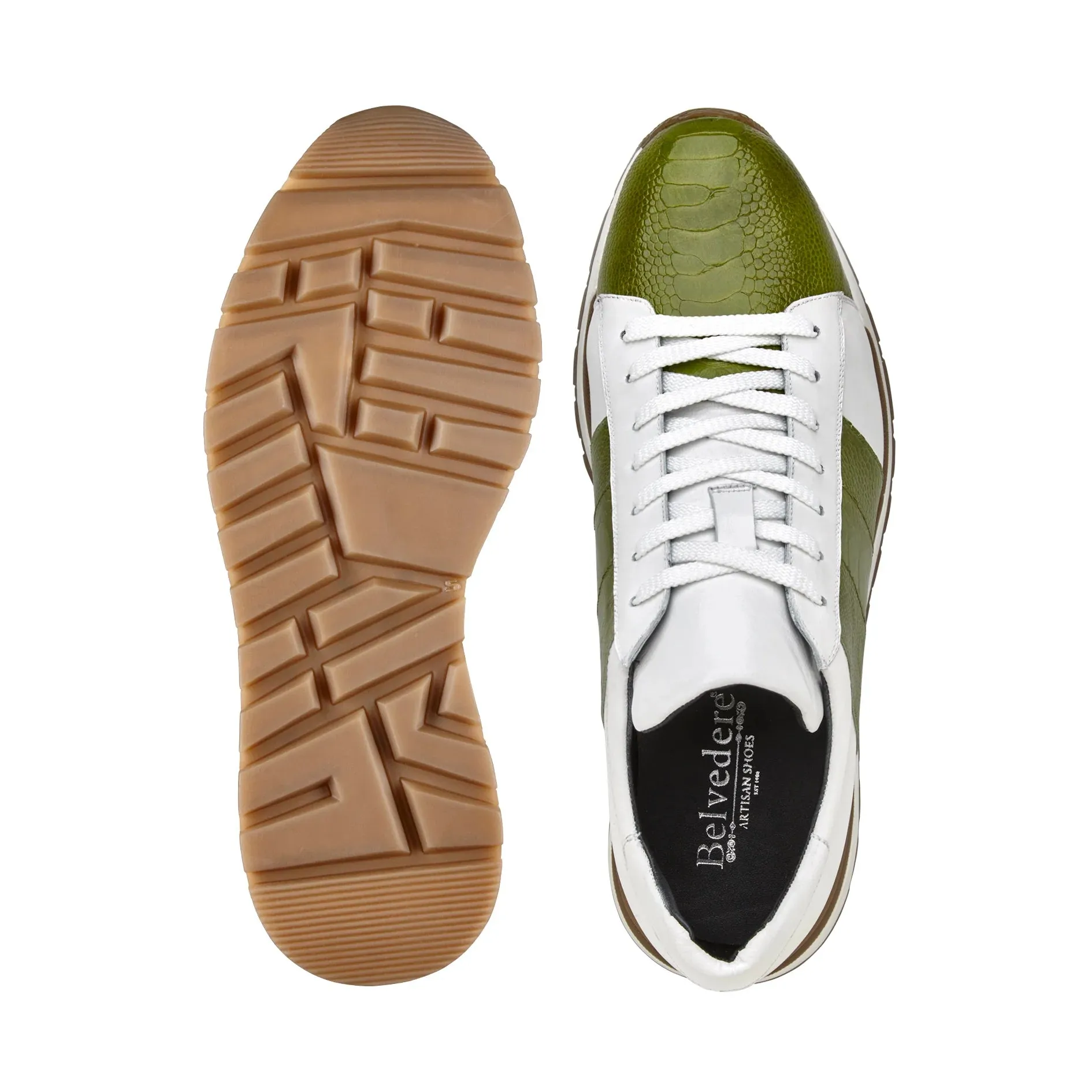Belvedere Blake Lime & White Ostrich & Italian Calf Leather Sneaker Mesh Lining Step Comfort