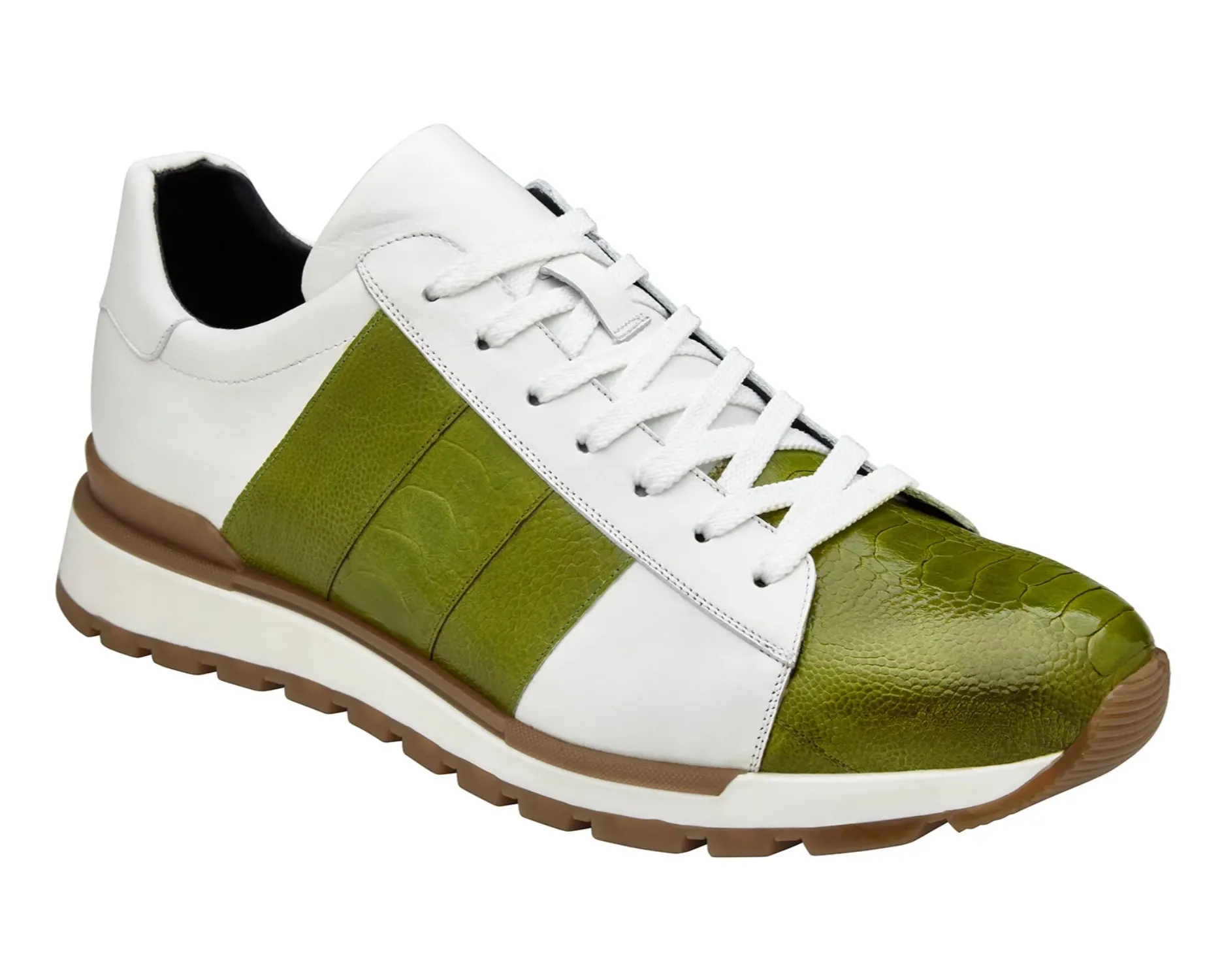 Belvedere Blake Lime & White Ostrich & Italian Calf Leather Sneaker Impact Resistant Construction Anywhere Life