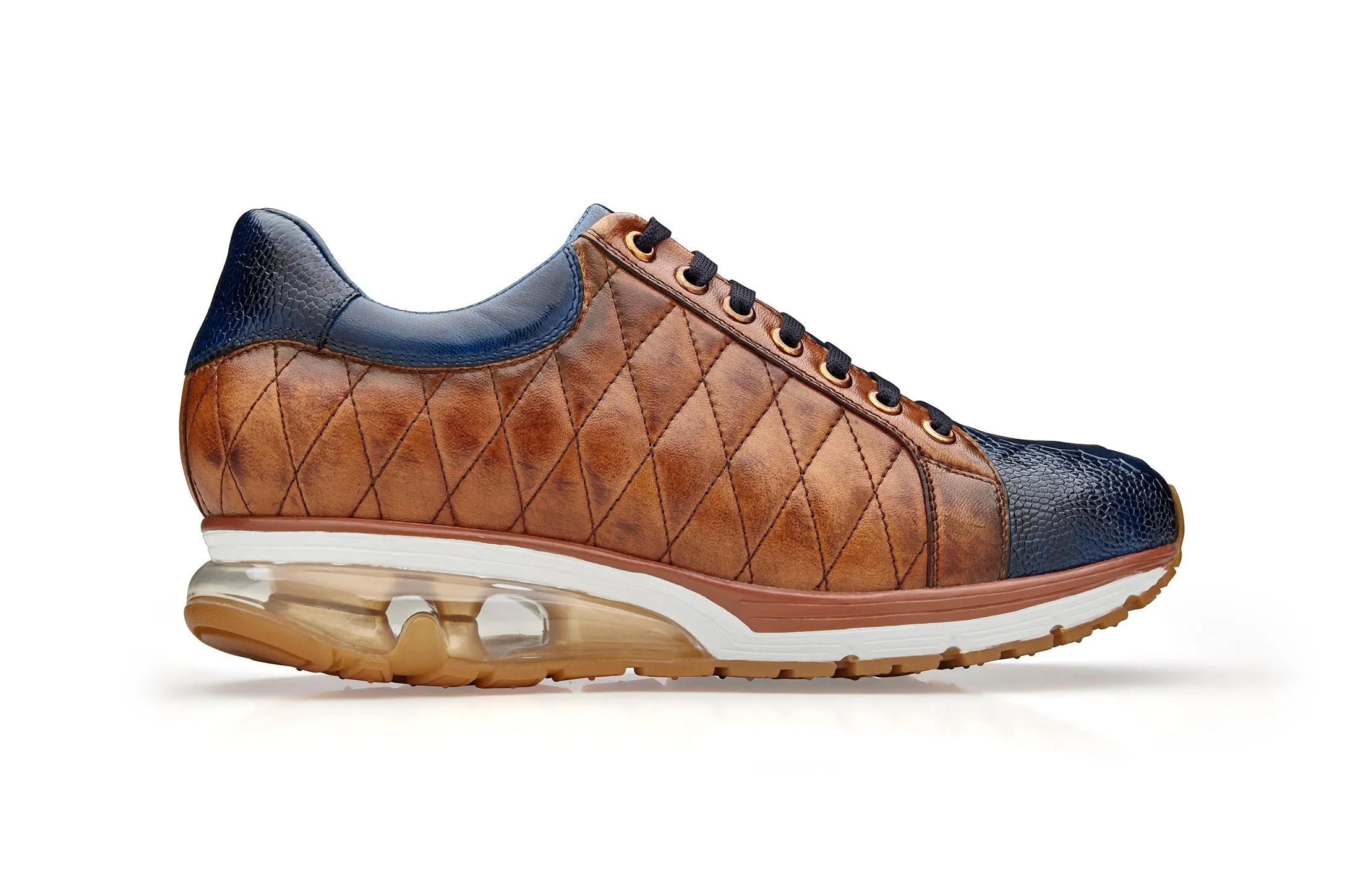 Belvedere Sacco Sneakers ?C Genuine Ostrich & Quilted Italian Calf in Navy Blue & Antique Saddle Throw Hike