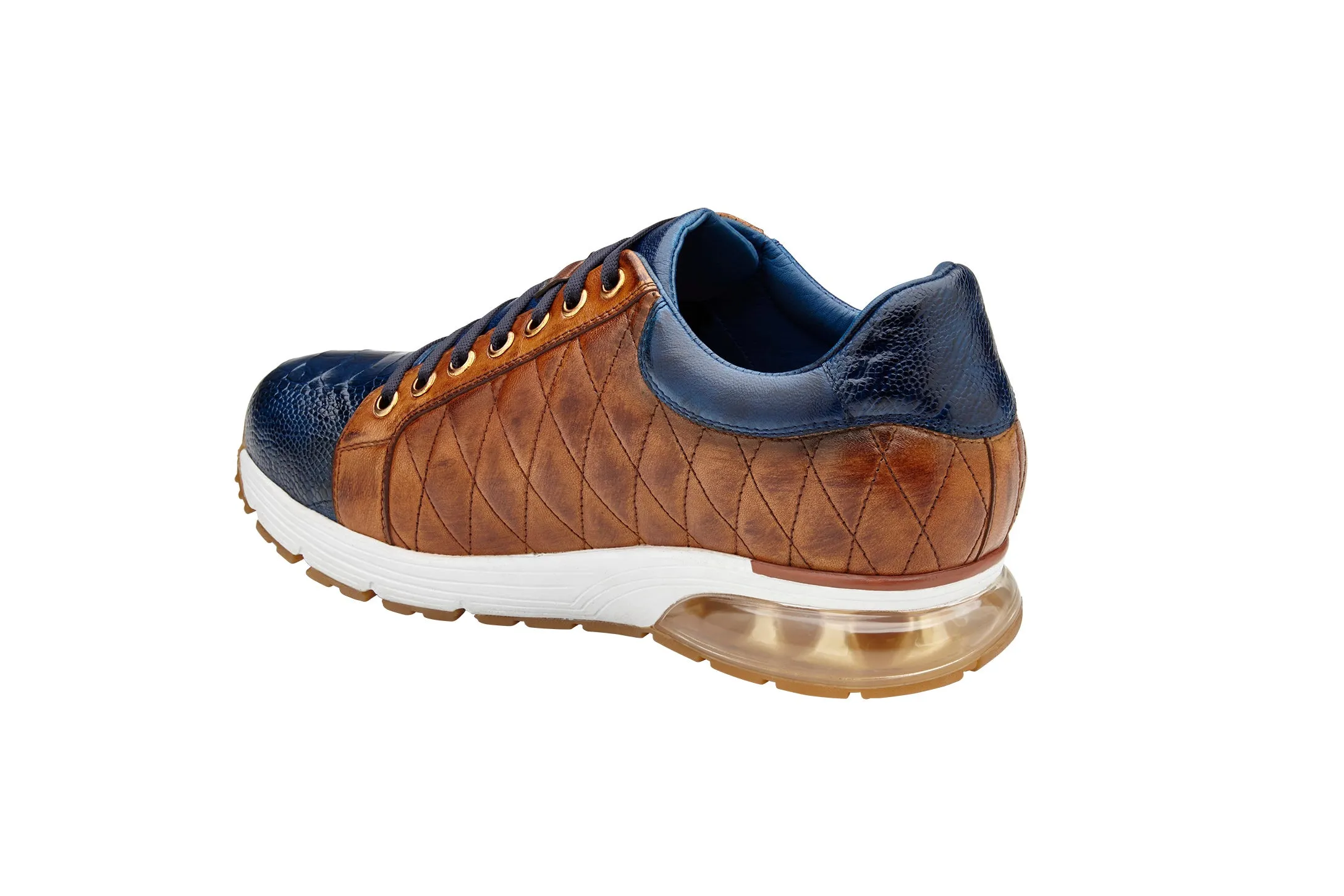 Happy Steps Velcro Design Belvedere Sacco Sneakers ?C Genuine Ostrich & Quilted Italian Calf in Navy Blue & Antique Saddle