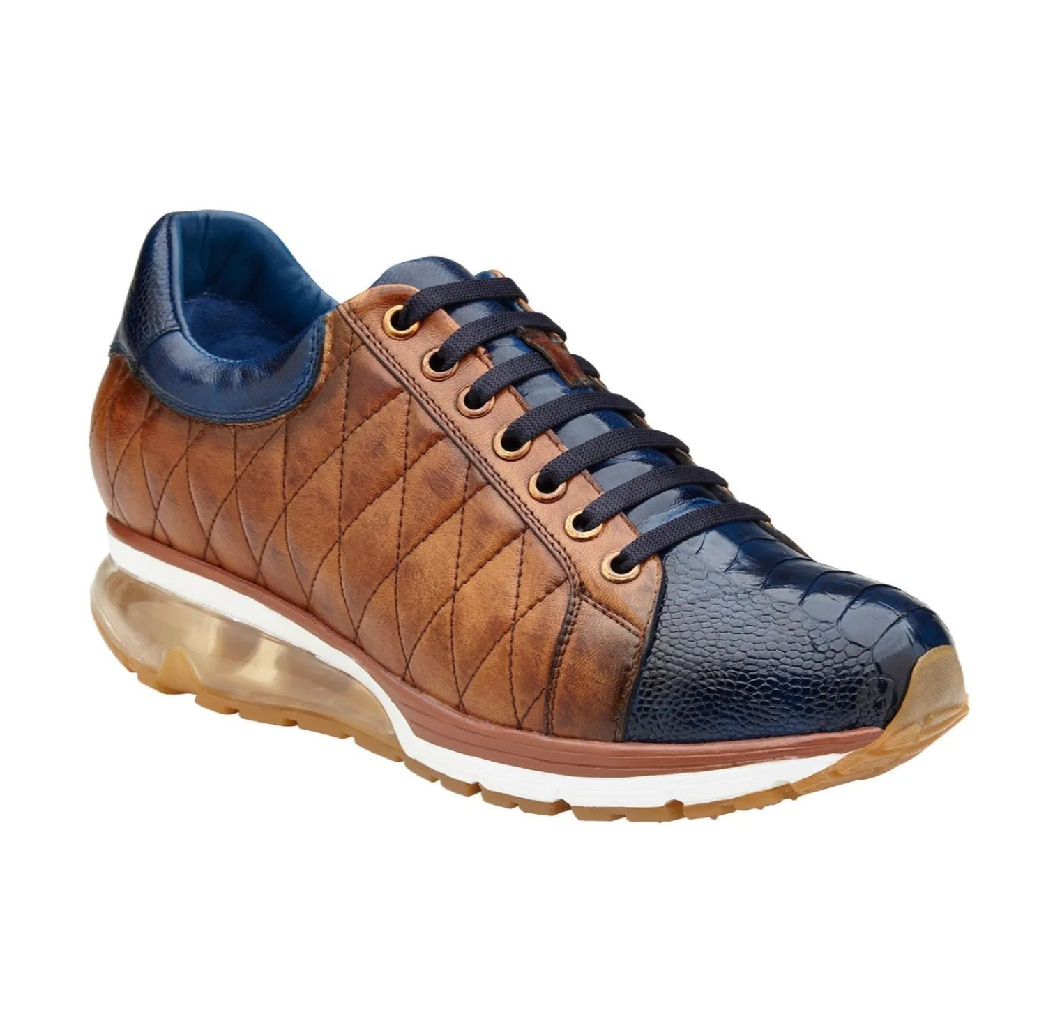 Smooth Entry Belvedere Sacco Sneakers ?C Genuine Ostrich & Quilted Italian Calf in Navy Blue & Antique Saddle
