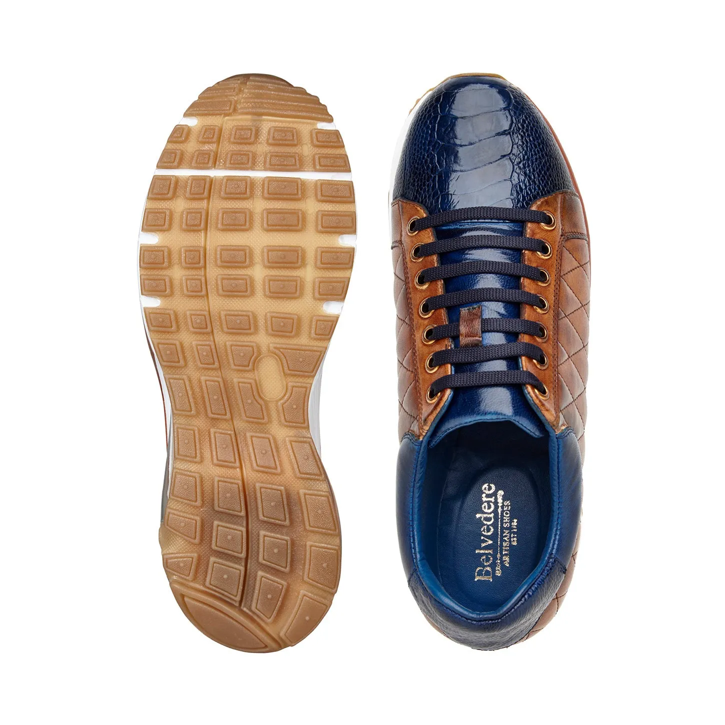 Belvedere Sacco Sneakers ?C Genuine Ostrich & Quilted Italian Calf in Navy Blue & Antique Saddle Style Tour High-Quality Shoes