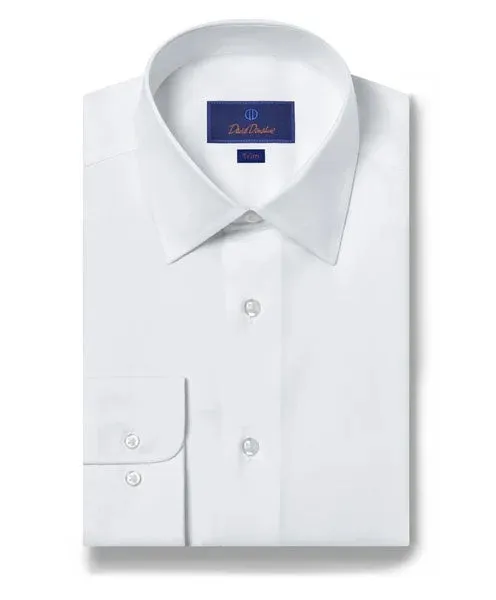David Donahue Trim Fit Super Fine Twill Dress Shirt in White Non Chafe Seams Tailored Style