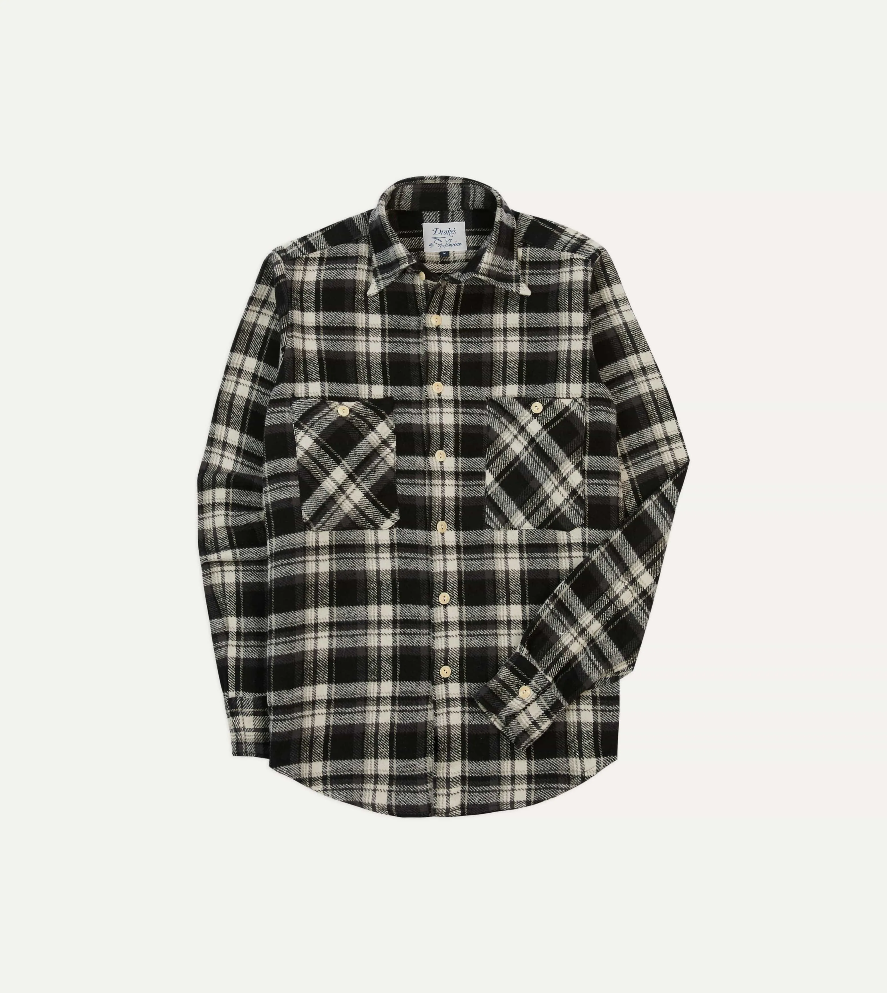 Fashion Forward Neutral Tone Drake's by A. Levine Black Check Cotton Two-Pocket Work Shirt