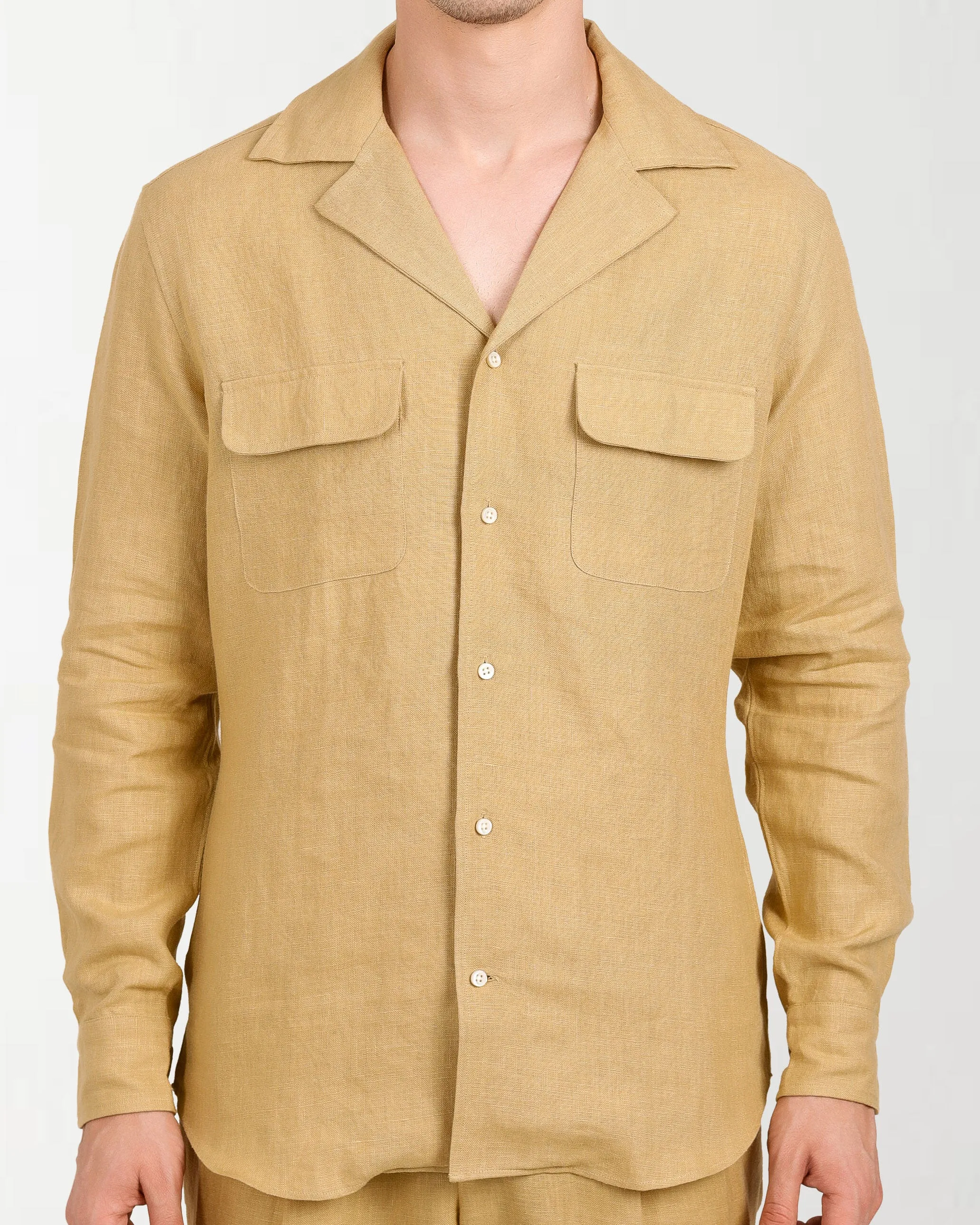 Camp Collar Shirt in Goldish Yellow Linen Formal Shirt