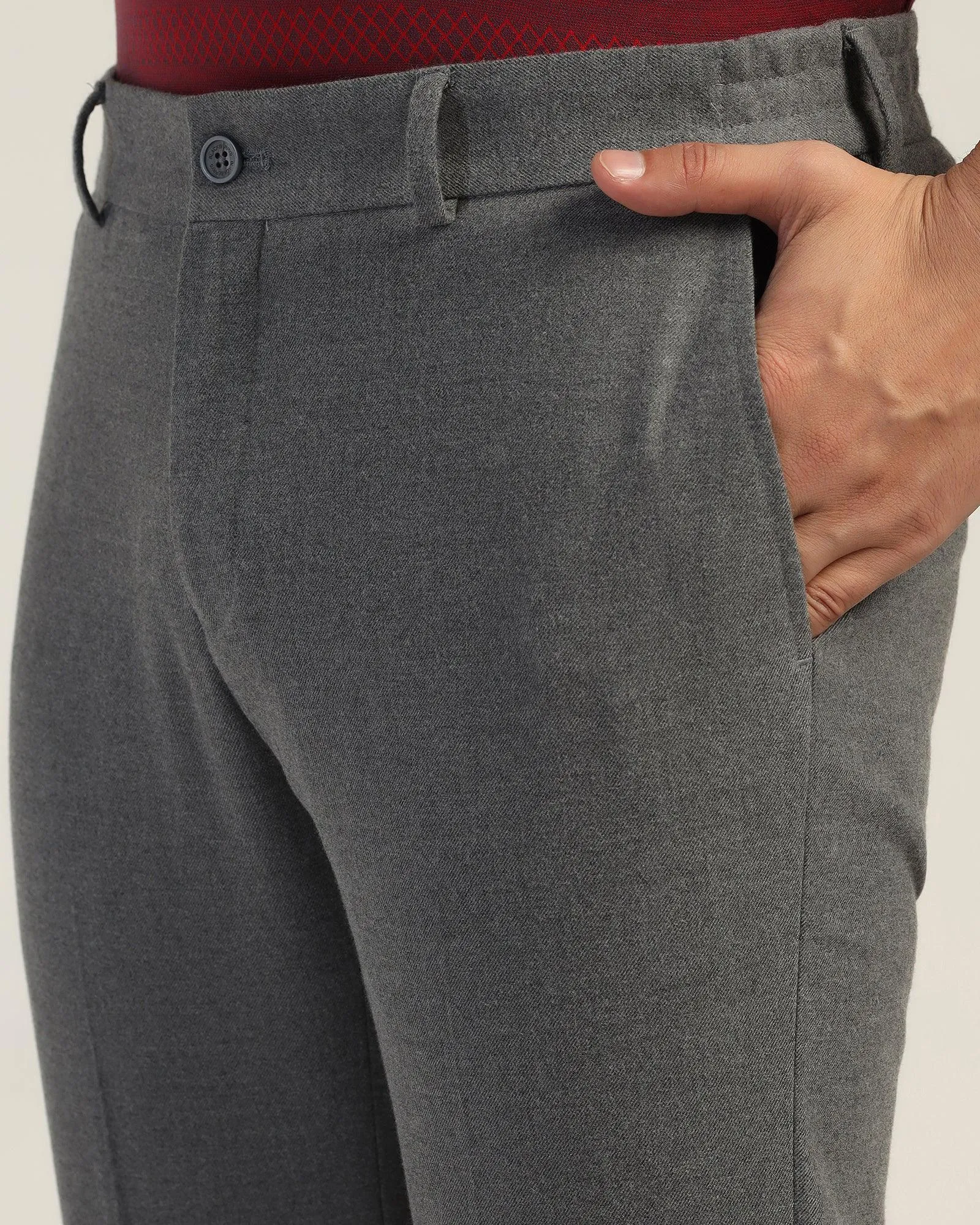 No Gap Waistband Comfy Fit Slim Comfort B-95 Formal Grey Solid Trouser - Thunderbird