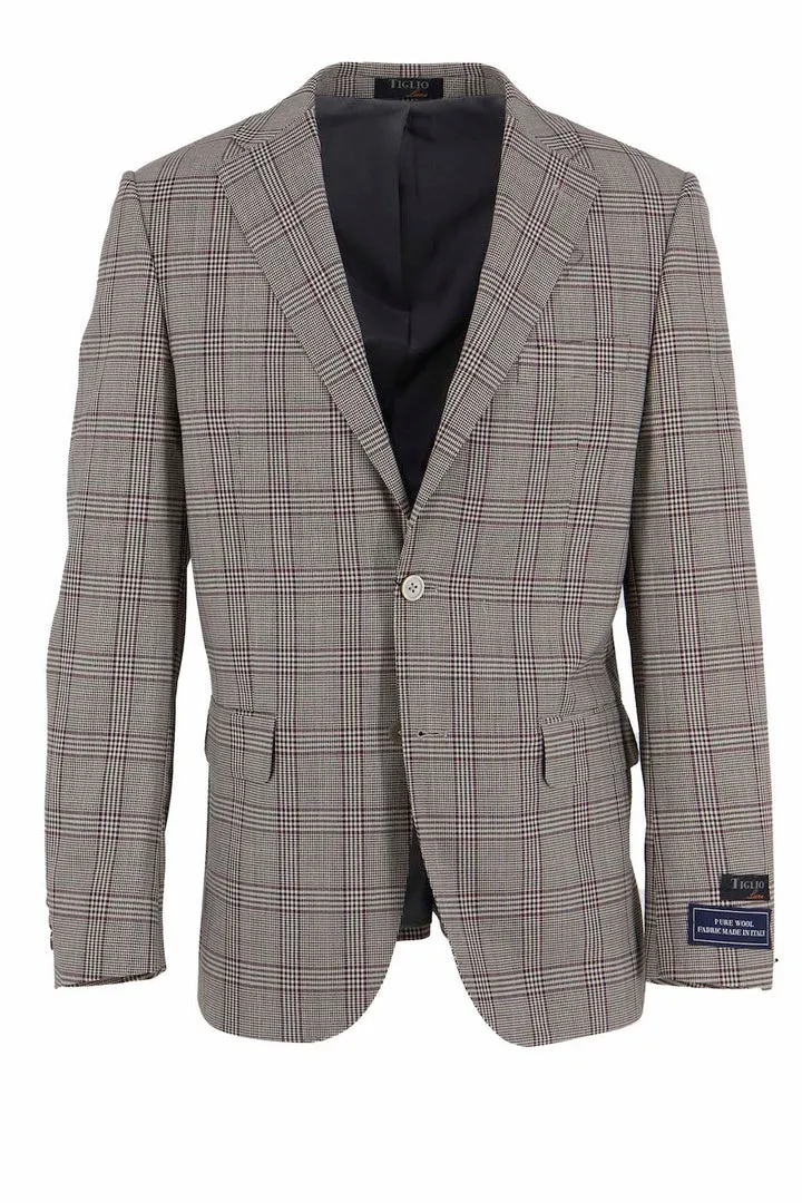 Tiglio Luxe Taupe with Burgundy Windowpane Dolcetto Modern Fit, Pure Wool Jacket TL3331 Durable Water Repellent Finish Stretchable Waistband