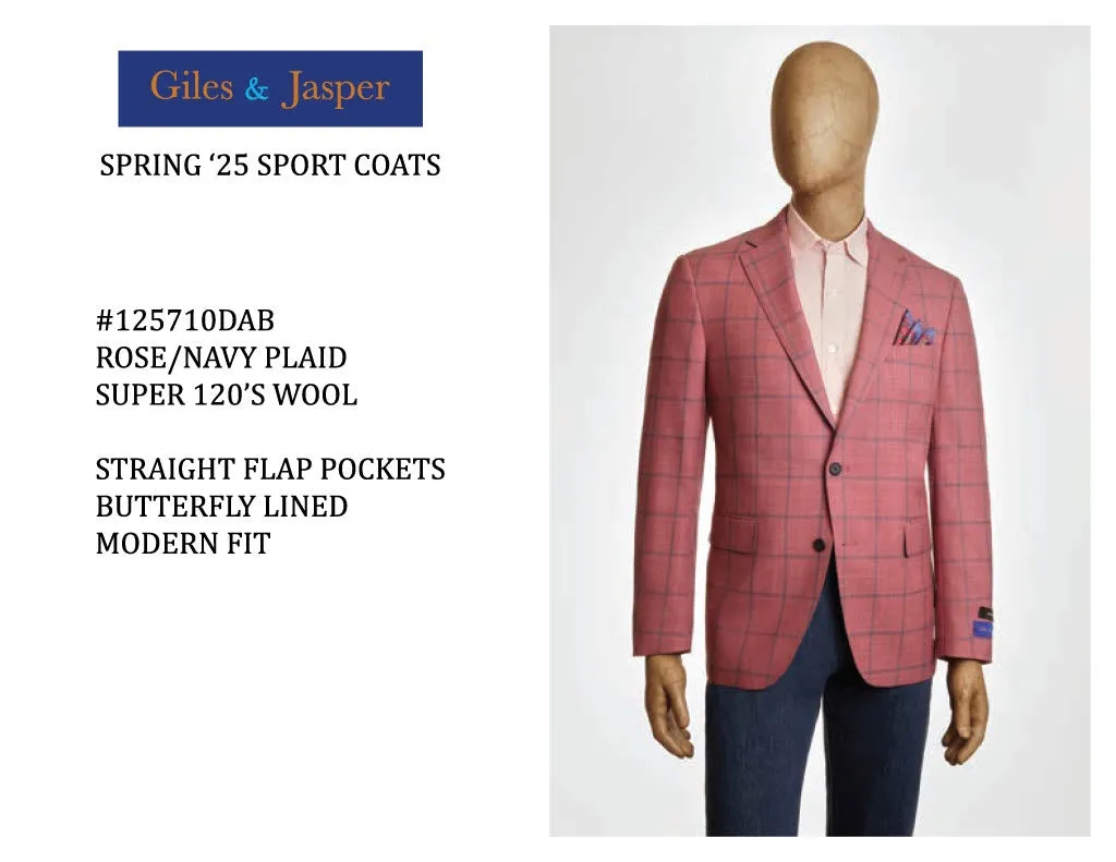 Giles and Jasper Wool Sportcoat in Rose/Navy Plaid Water Resistant Fabric Weather Ready