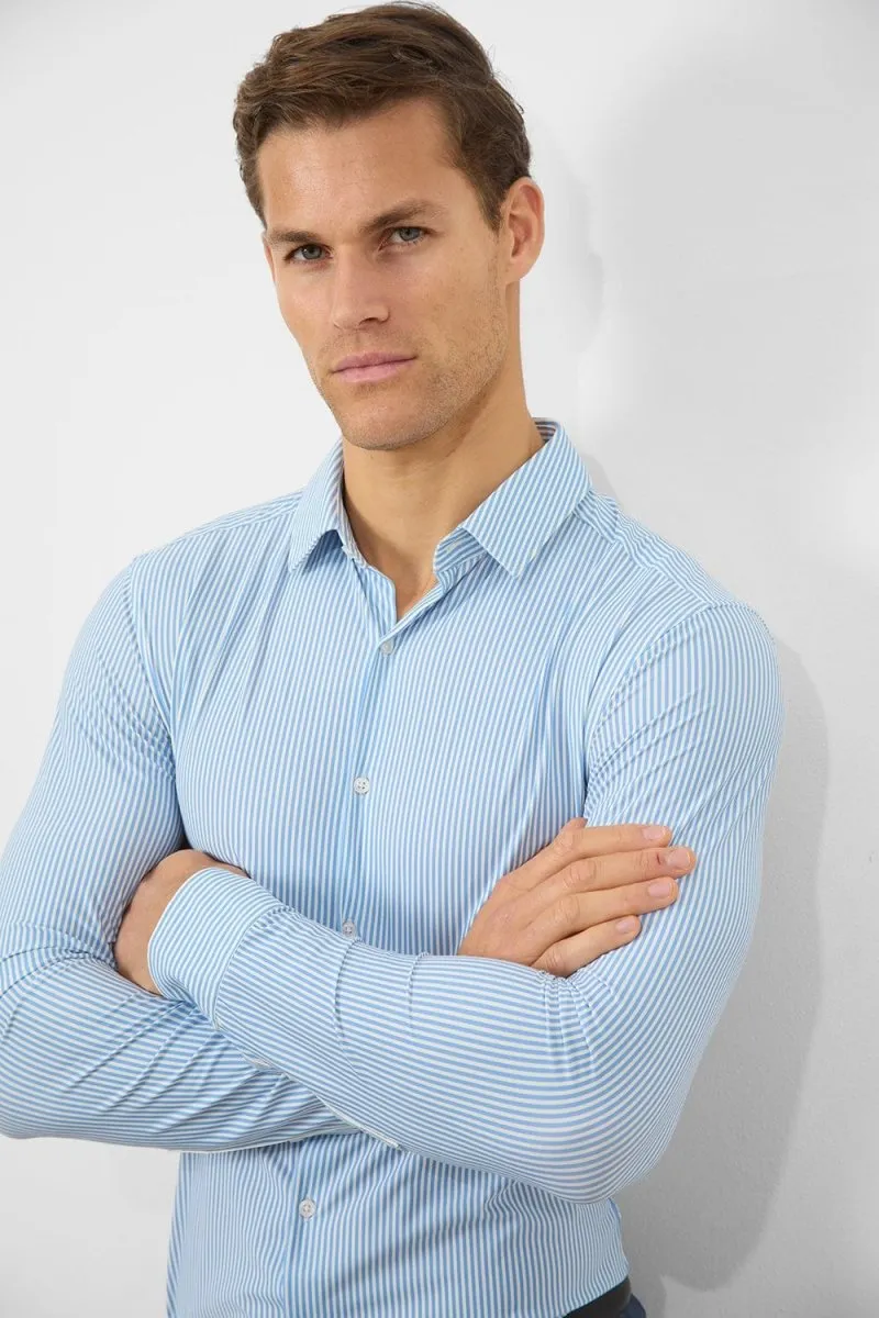 Fashion-Forward Friends Meetup Striped Stretch Formal Shirt in Blue