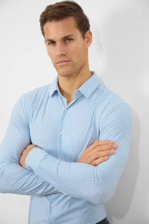 Fashion-Forward Friends Meetup Striped Stretch Formal Shirt in Blue
