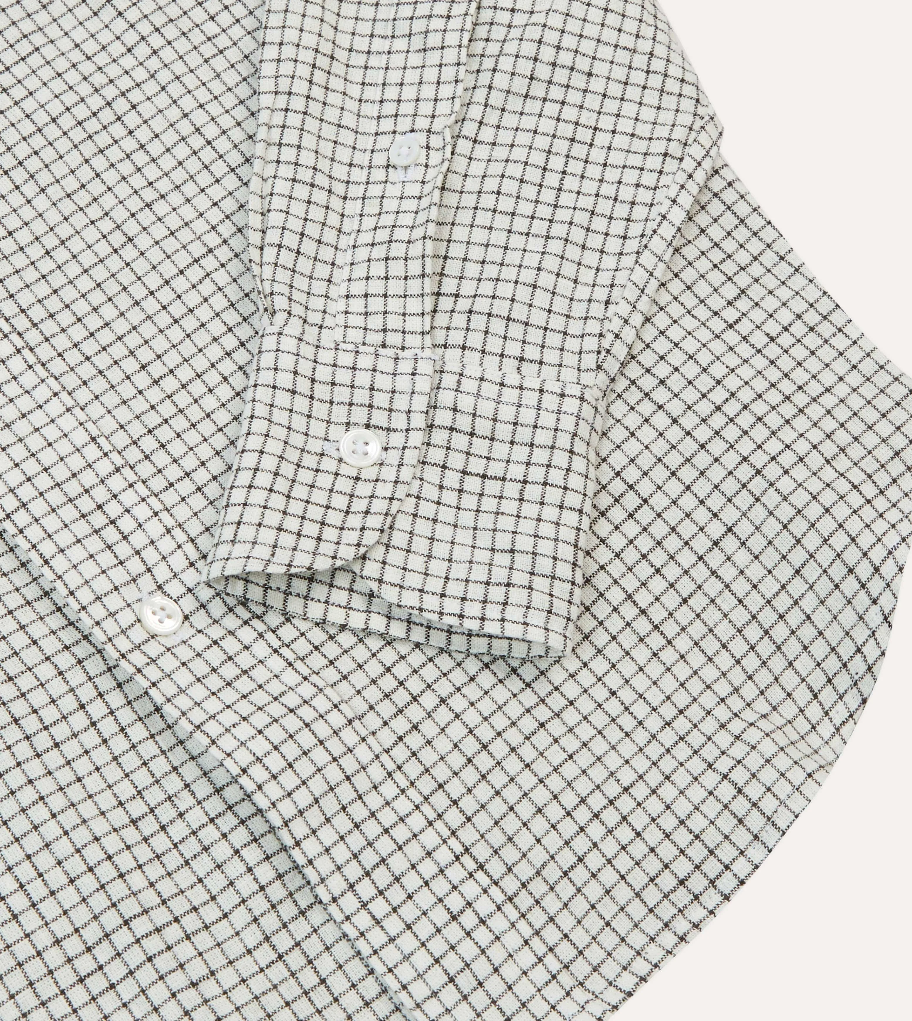 Relaxed Style Holiday Outfit Ecru Check Linen-Cotton Mandarin Collar Shirt