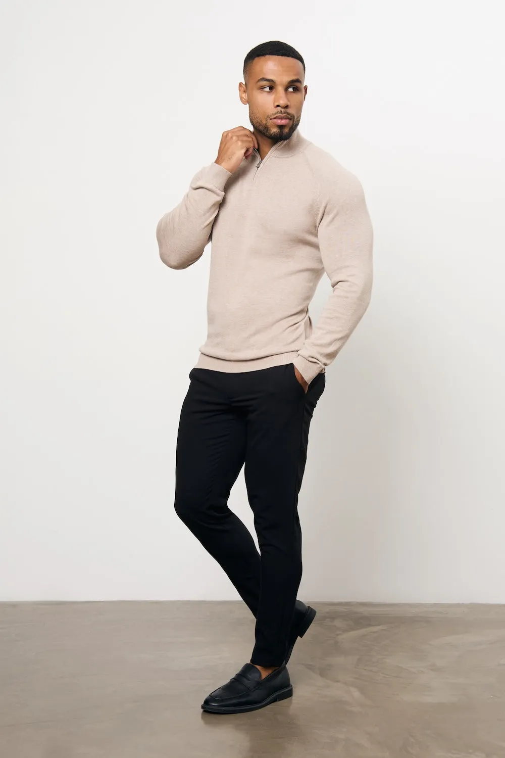 Pure Cotton Knitted Half Zip Neck Sweater in Neutral Marl Forest Air