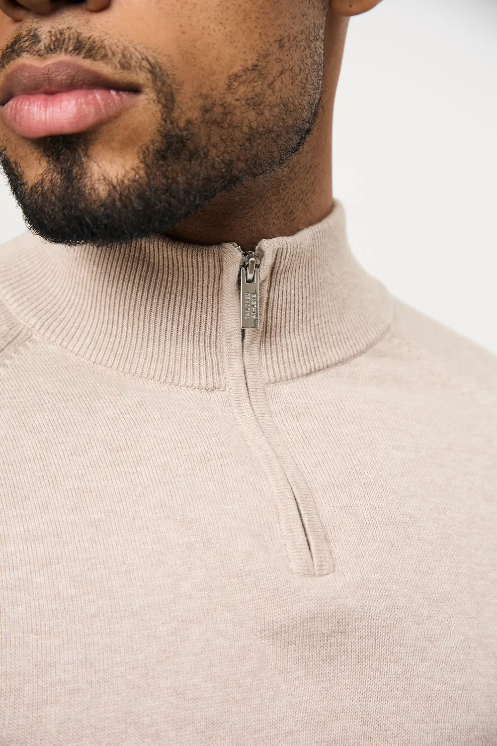 Pure Cotton Knitted Half Zip Neck Sweater in Neutral Marl british retro
