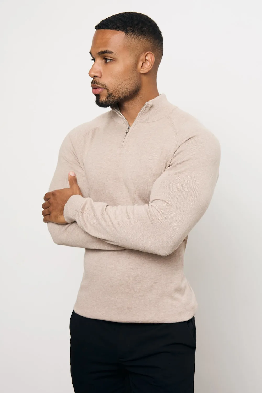 Pure Cotton Knitted Half Zip Neck Sweater in Neutral Marl Warm Knit PressureRelief Seams