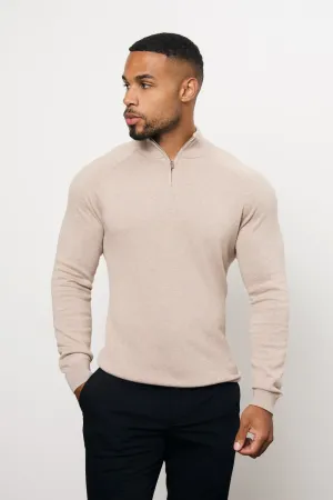 Island Vibe Casual Polo Pure Cotton Knitted Half Zip Neck Sweater in Neutral Marl
