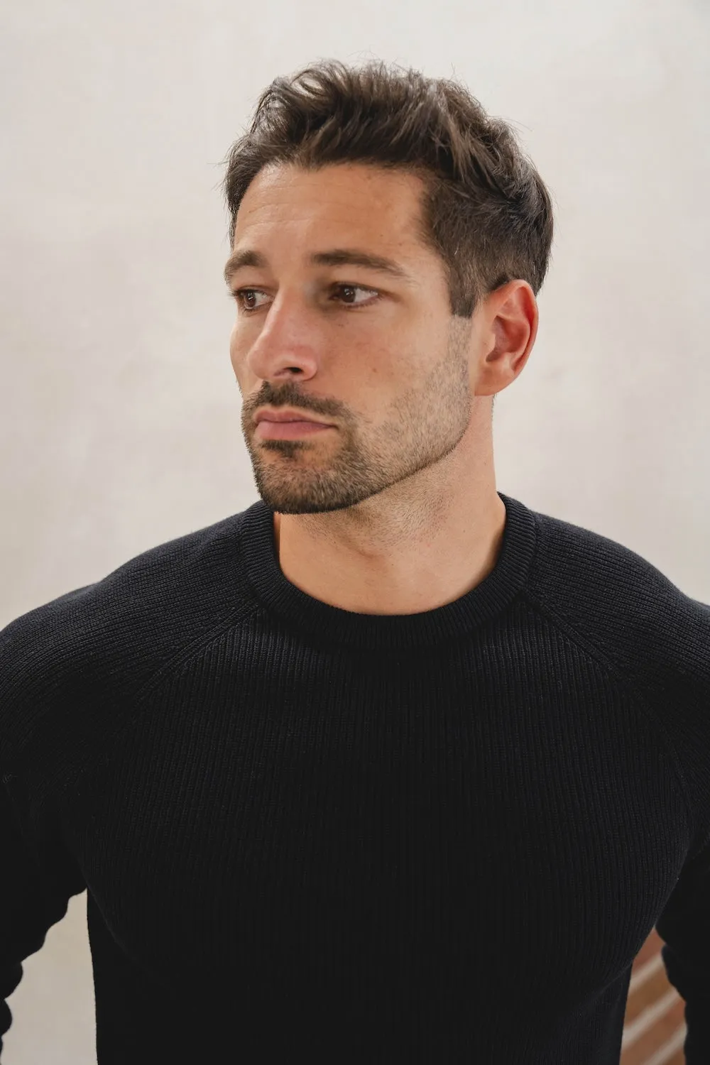 Pure Cotton Knitted Textured Crew Neck Sweater in Black FourWayStretchClothing Metal Core