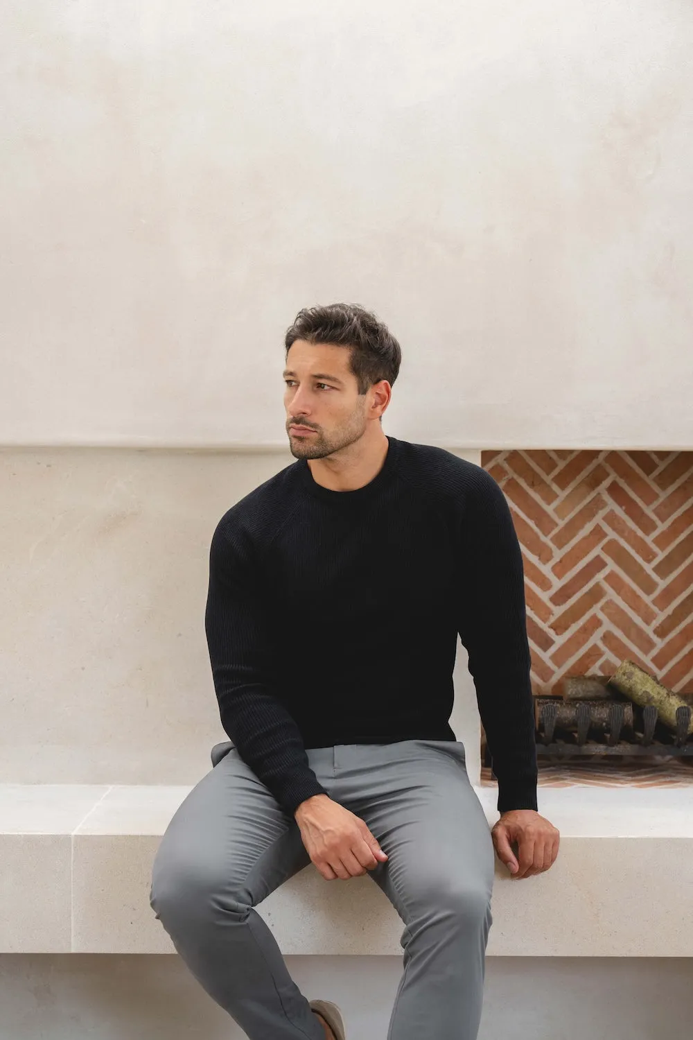 Pure Cotton Knitted Textured Crew Neck Sweater in Black Office Attire