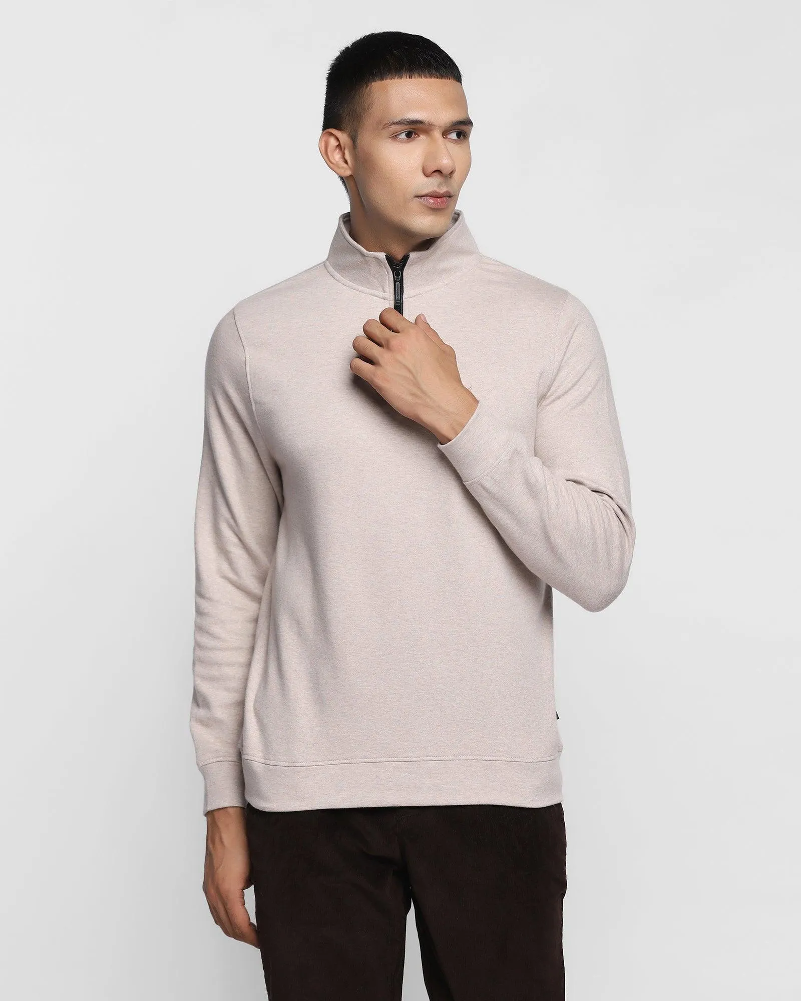 Late Breeze Stylized Collar Beige Solid Sweatshirt - Bing