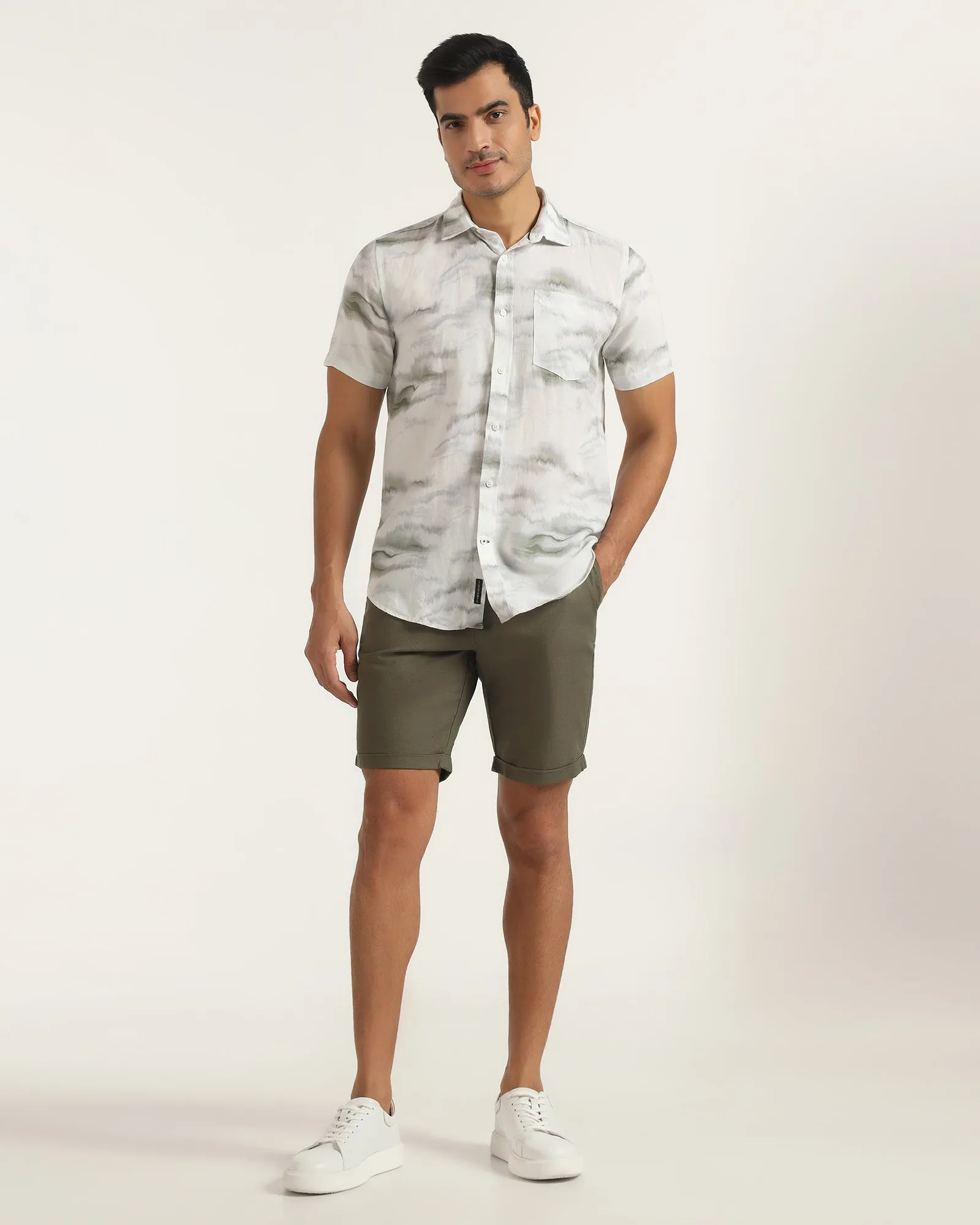 Pocket Detail Limited Edition Linen Casual Half Sleeve Grey Printed Shirt - kyren