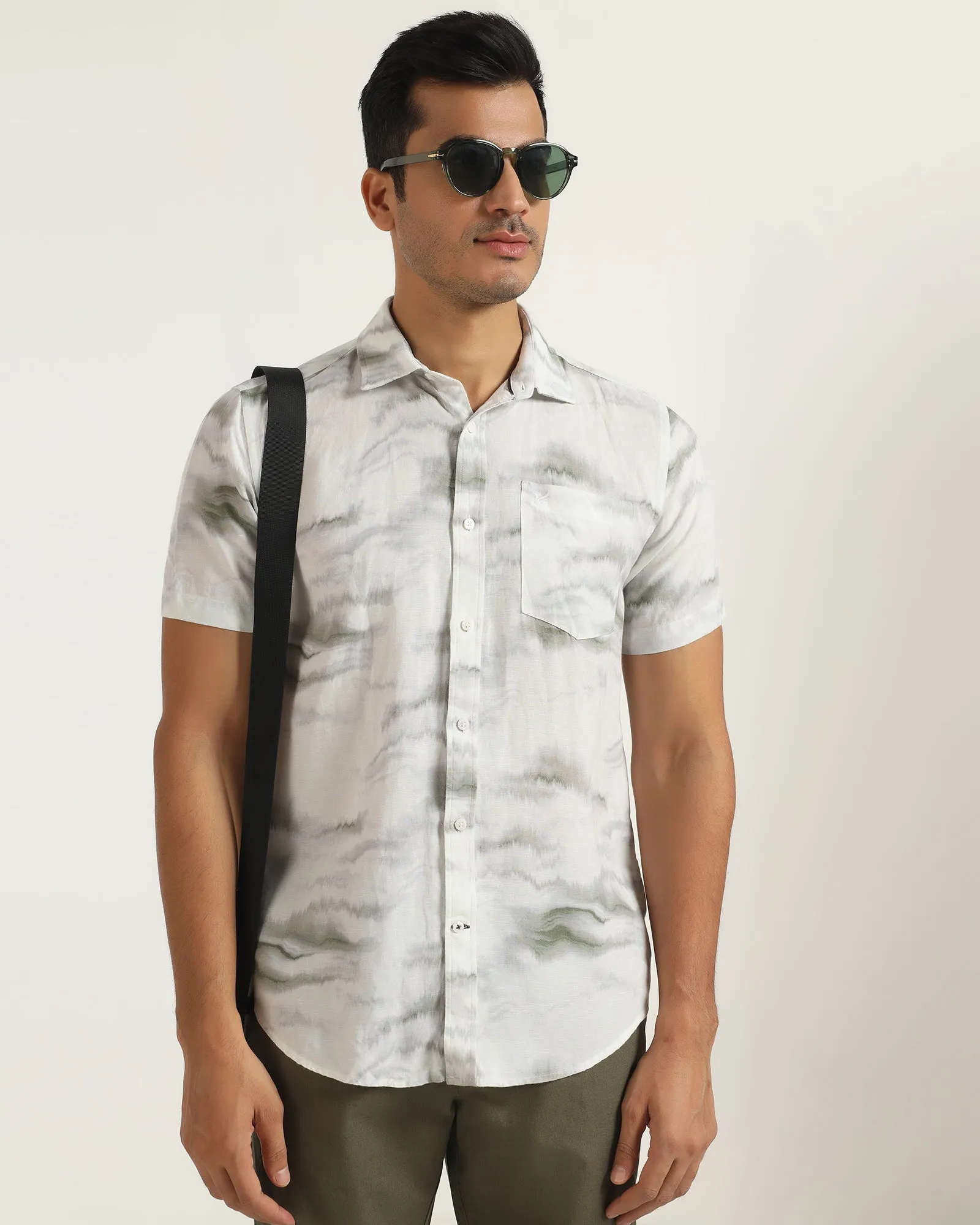 Non Iron Linen Casual Half Sleeve Grey Printed Shirt - kyren