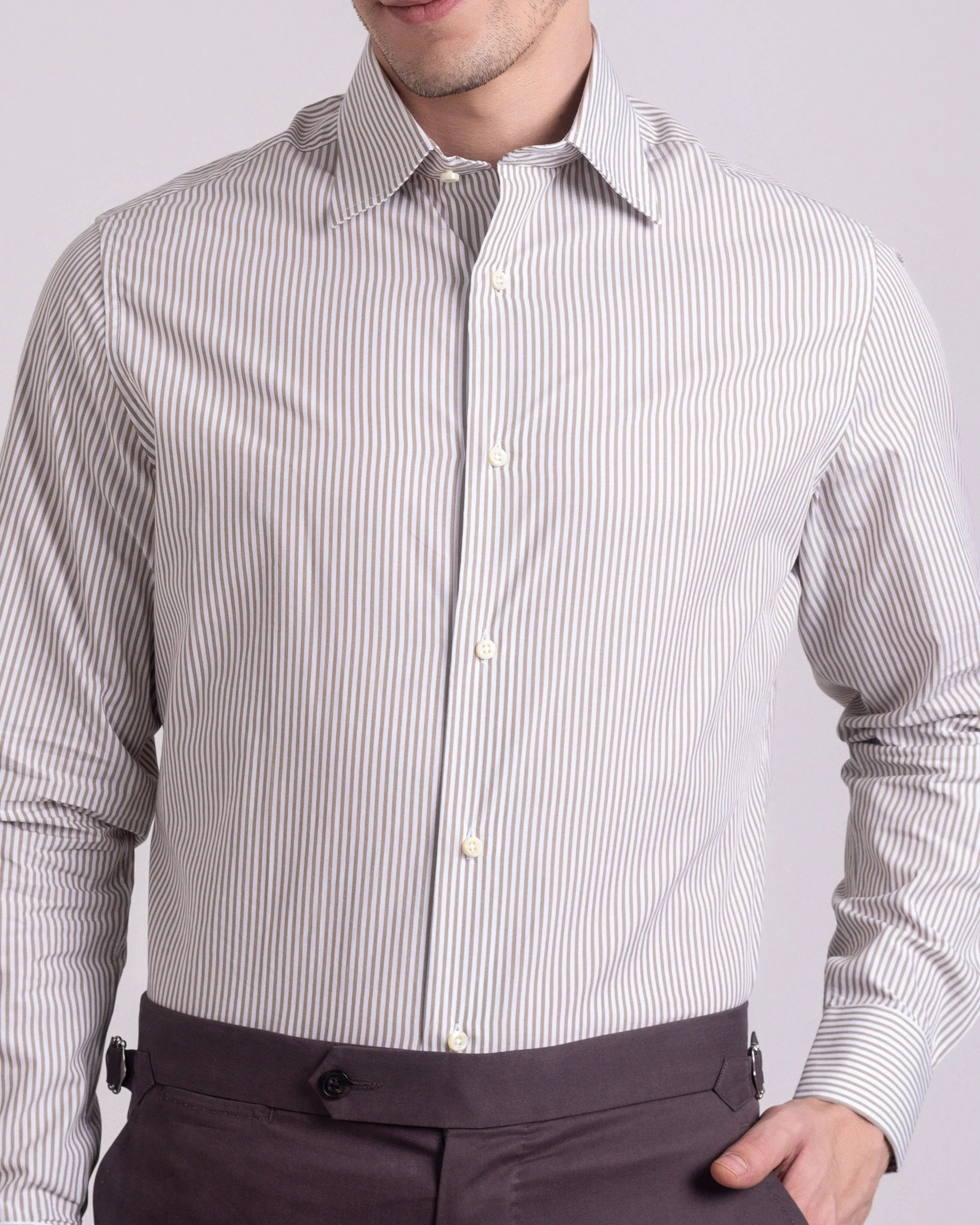 Brown White Candy Stripes Shirt No Bulk Layering System Neutral Toned Stitching