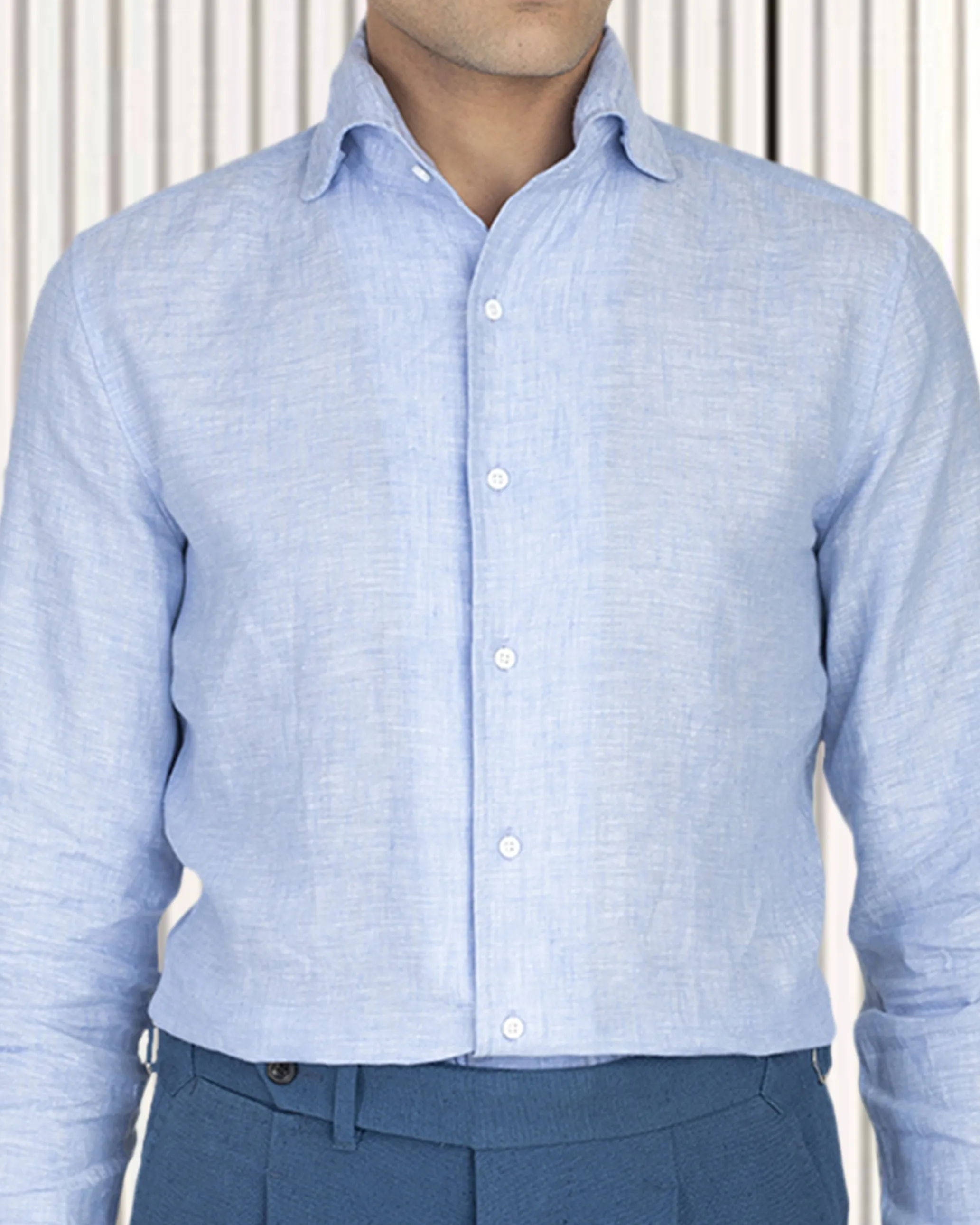 Linen Cotton: Light Blue Chambray one piece collar placket Glam Night Functional Wear