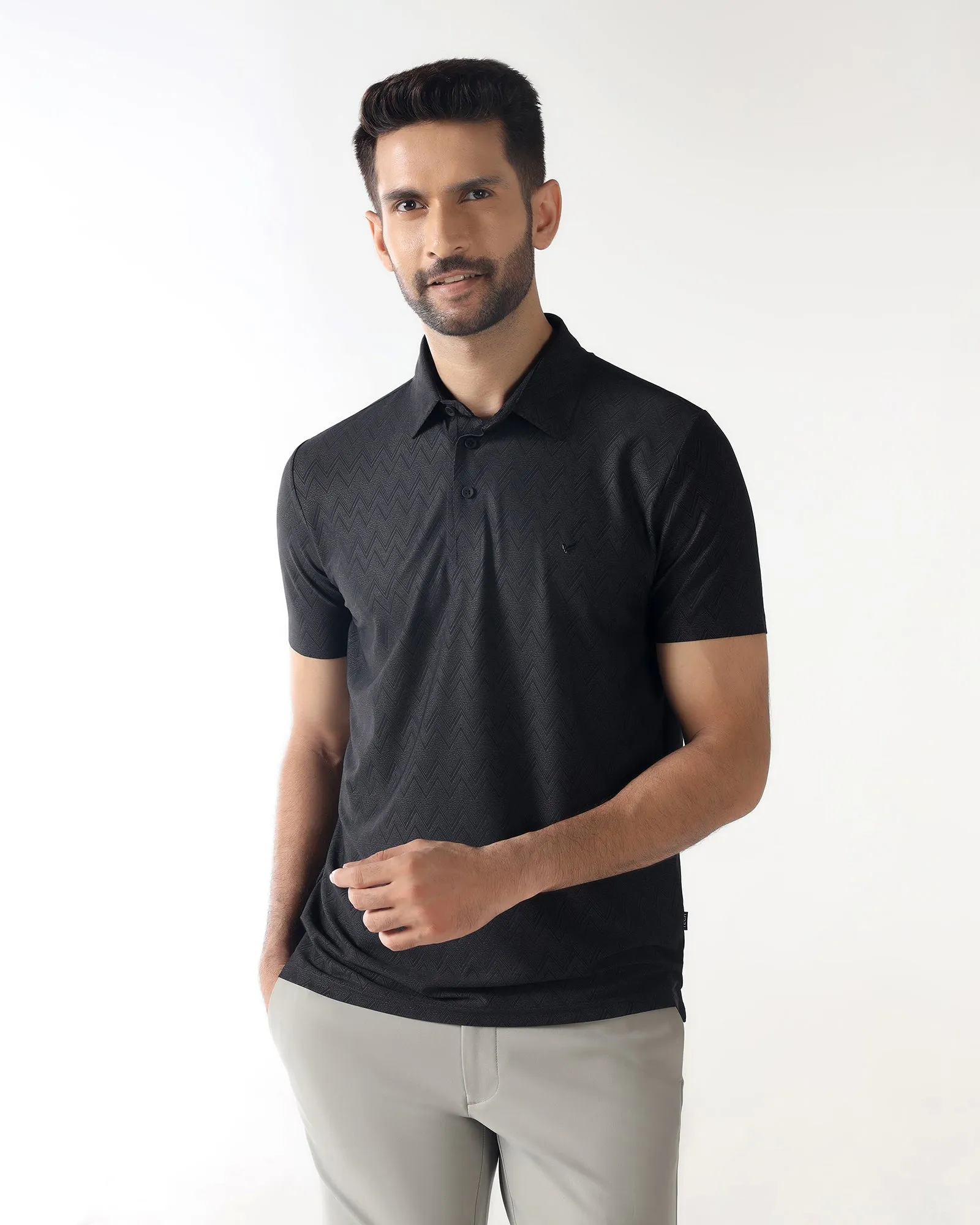 TechPro Polo Black Textured T-Shirt - Molar Comfort top Lightweight Knit Material