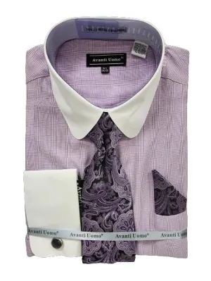 AVANTI UOMO MONOTONE GLEN CHECK ROUND WHITE COLLAR & CUFF DN131M LAVENDER Summer Camp