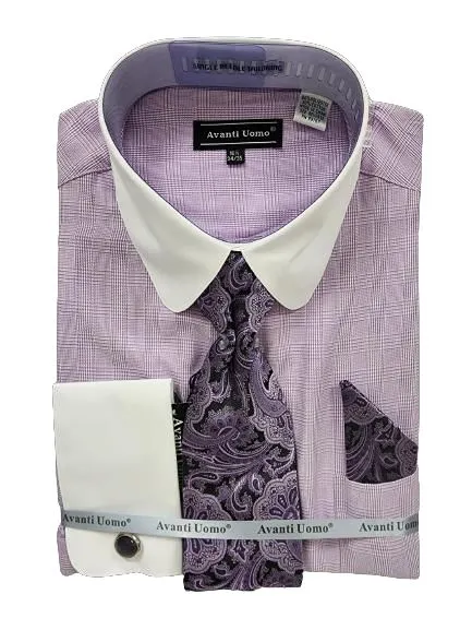 AVANTI UOMO MONOTONE GLEN CHECK ROUND WHITE COLLAR & CUFF DN131M LAVENDER Checkered Style Modern Style