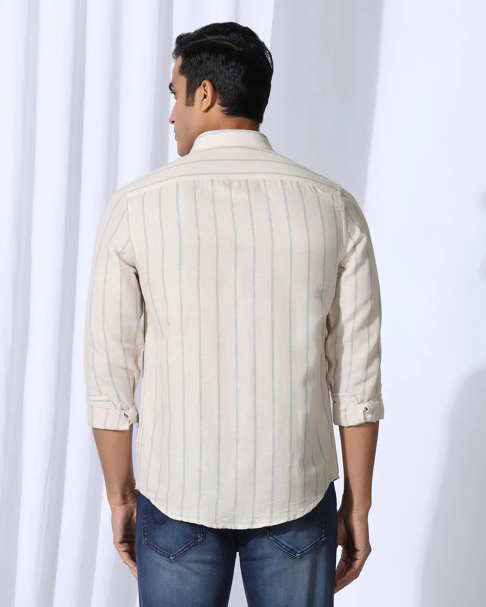 Linen Casual Ecru Stripe Shirt - Darcom Anti Static Finish
