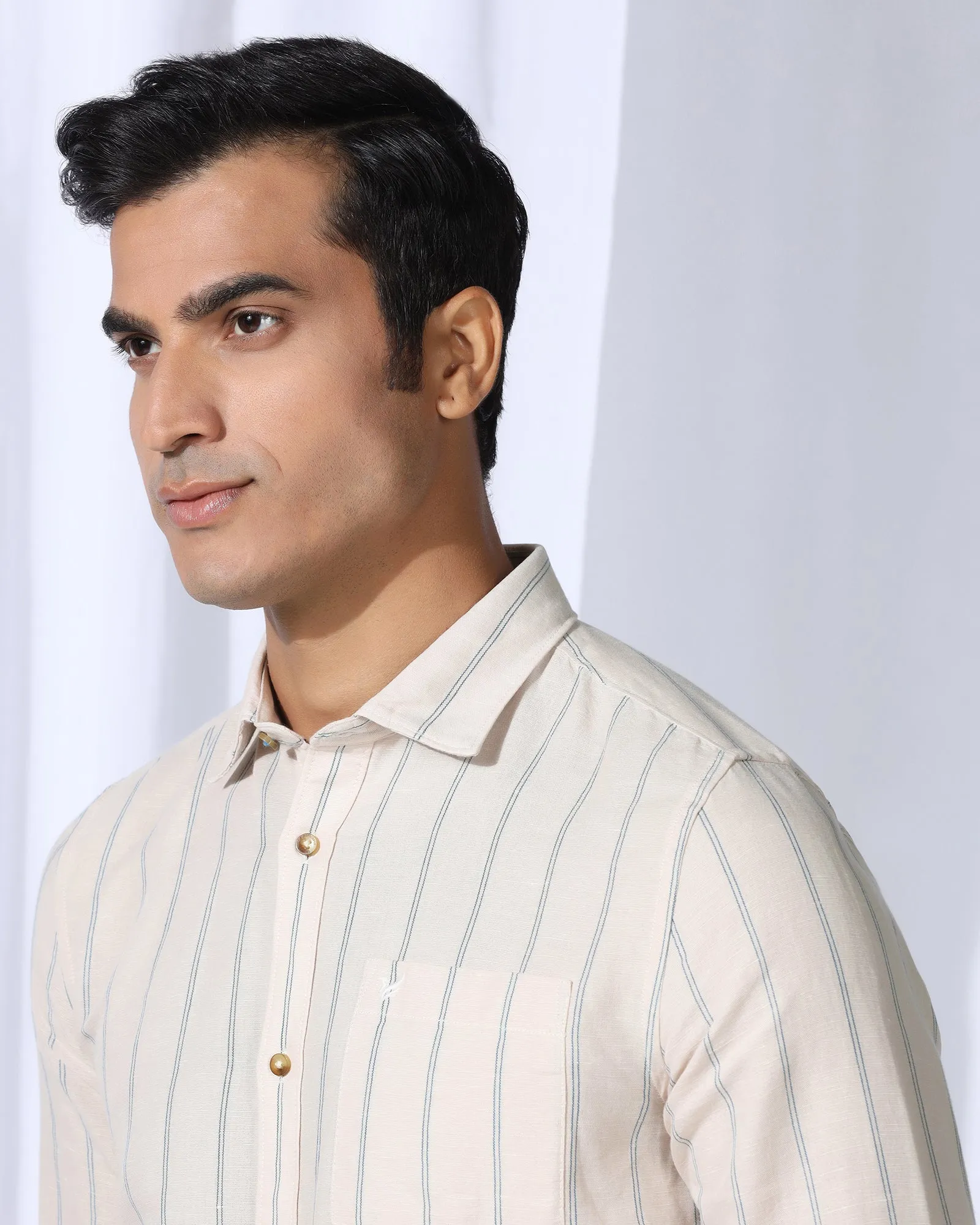 Beach Wear Temperature Regulating Linen Casual Ecru Stripe Shirt - Darcom