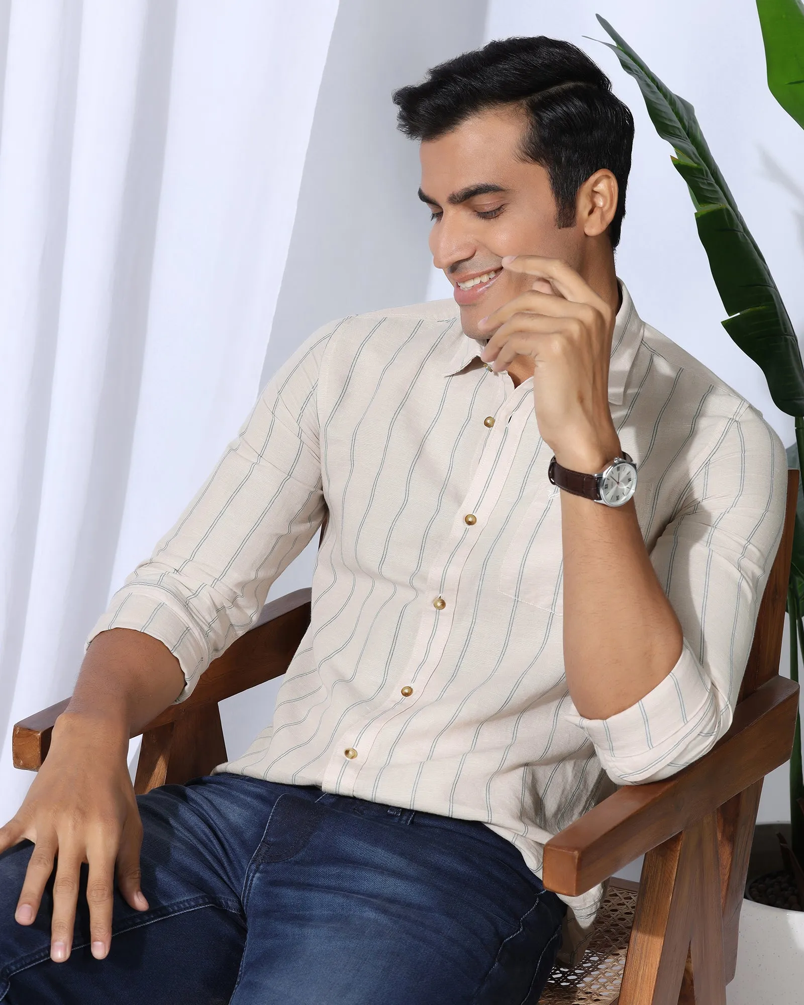 Linen Casual Ecru Stripe Shirt - Darcom Subtle Details Fashion Statement