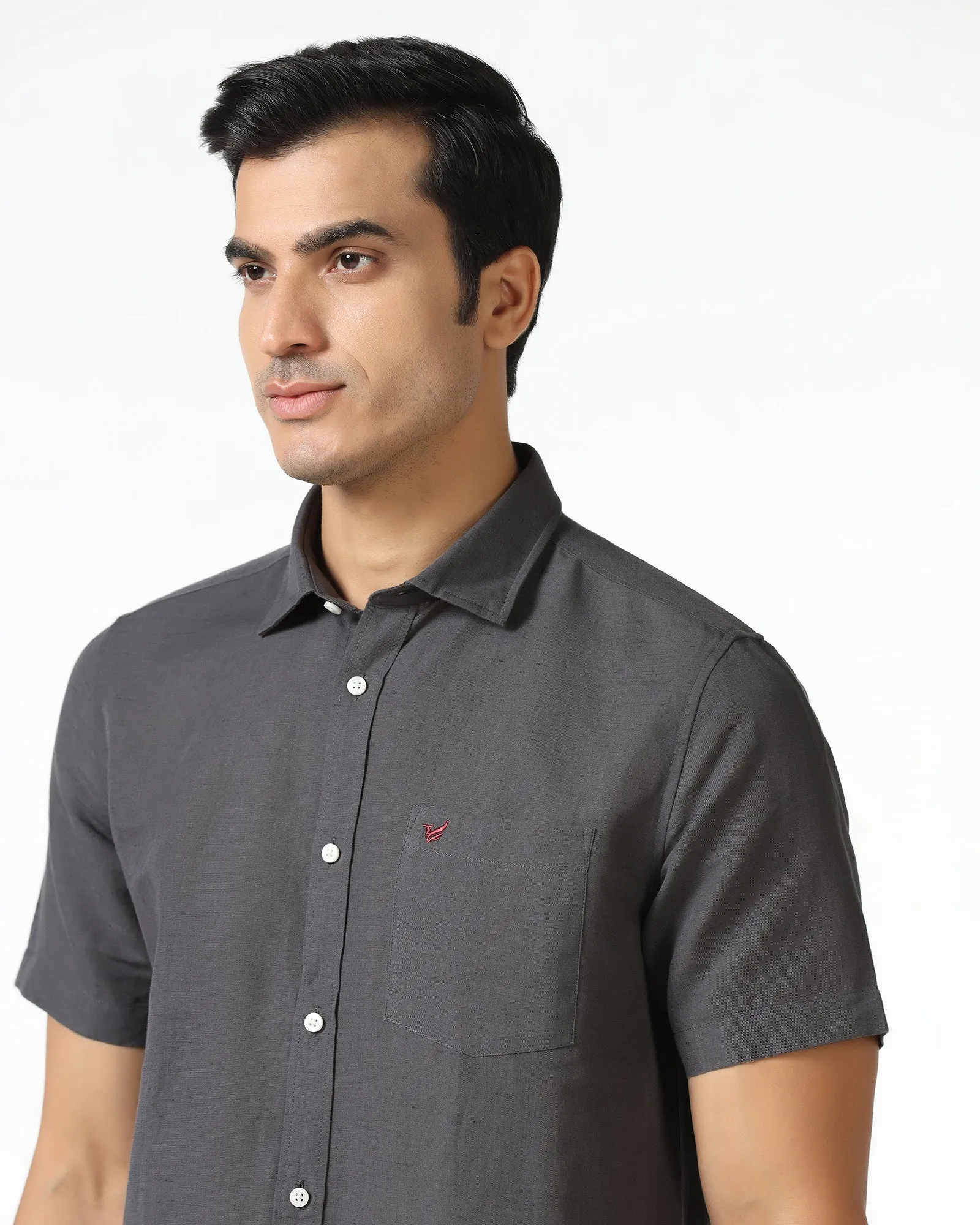 Dark Grey Half Sleeve Linen Solid Shirt - Salmon Youthful Vibe Earthy Hue