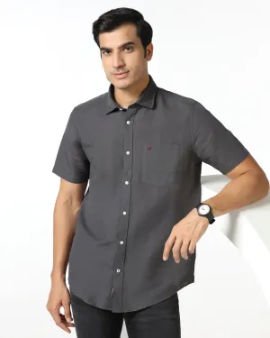 Cocktail Party Plaid Design Dark Grey Half Sleeve Linen Solid Shirt - Salmon