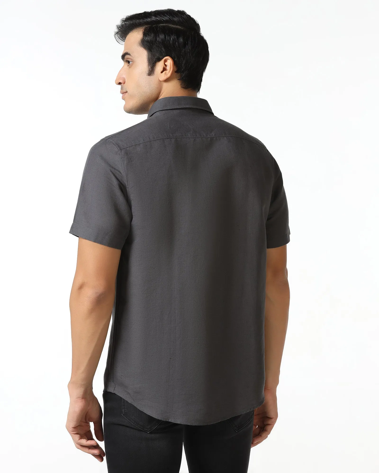 Advanced Moisture Management V-neck style Dark Grey Half Sleeve Linen Solid Shirt - Salmon