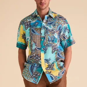 Beach Ease SlipResistantWaistband Inserch SS Mediterranean Paisley Print Linen Shirt SS7980-00172 Caspian