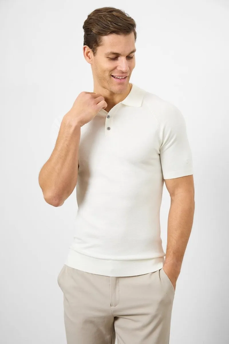 Fine Gauge Knitted Polo Shirt in Ecru Quick Dry Layer Ventilated Side Gussets