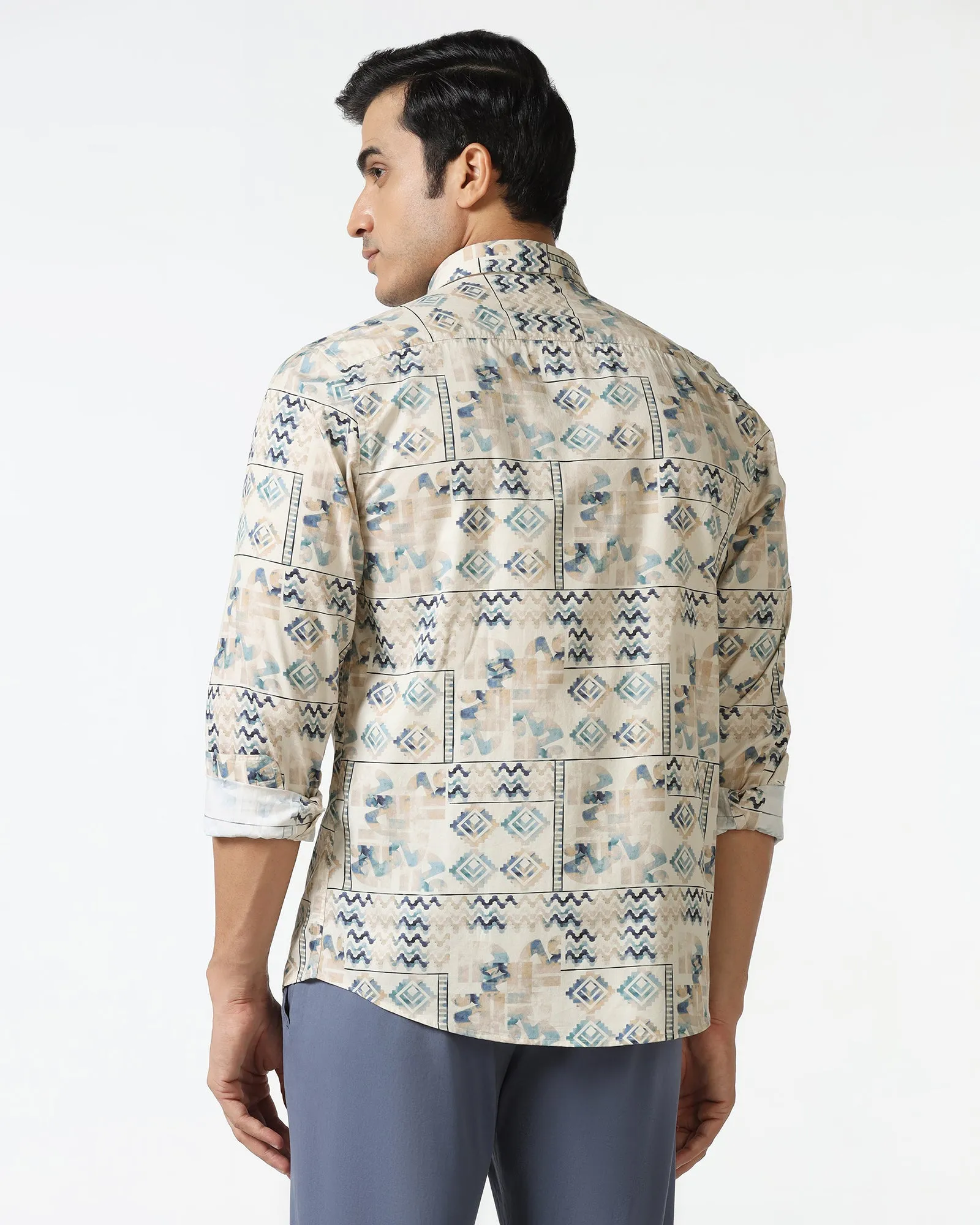 Loose Comfort Classic Look Beige Printed Shirt - Ryne