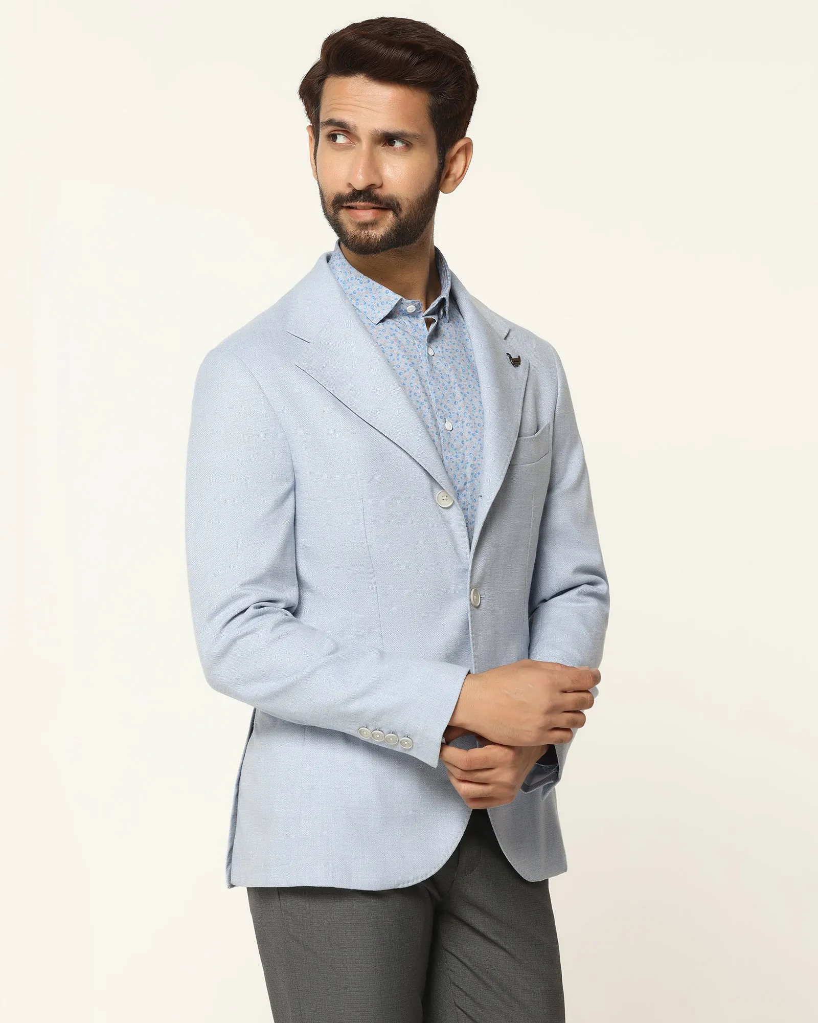 Formal Light Blue Textured Blazer - Blanc Flex Fit Fabric