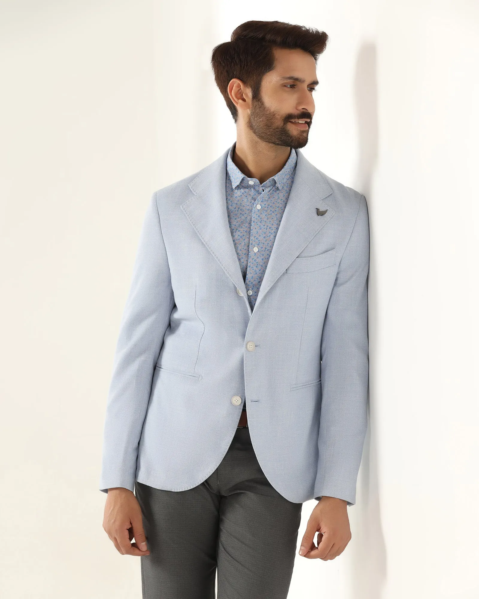 WeatherproofCoating Heat Retention Lining Formal Light Blue Textured Blazer - Blanc