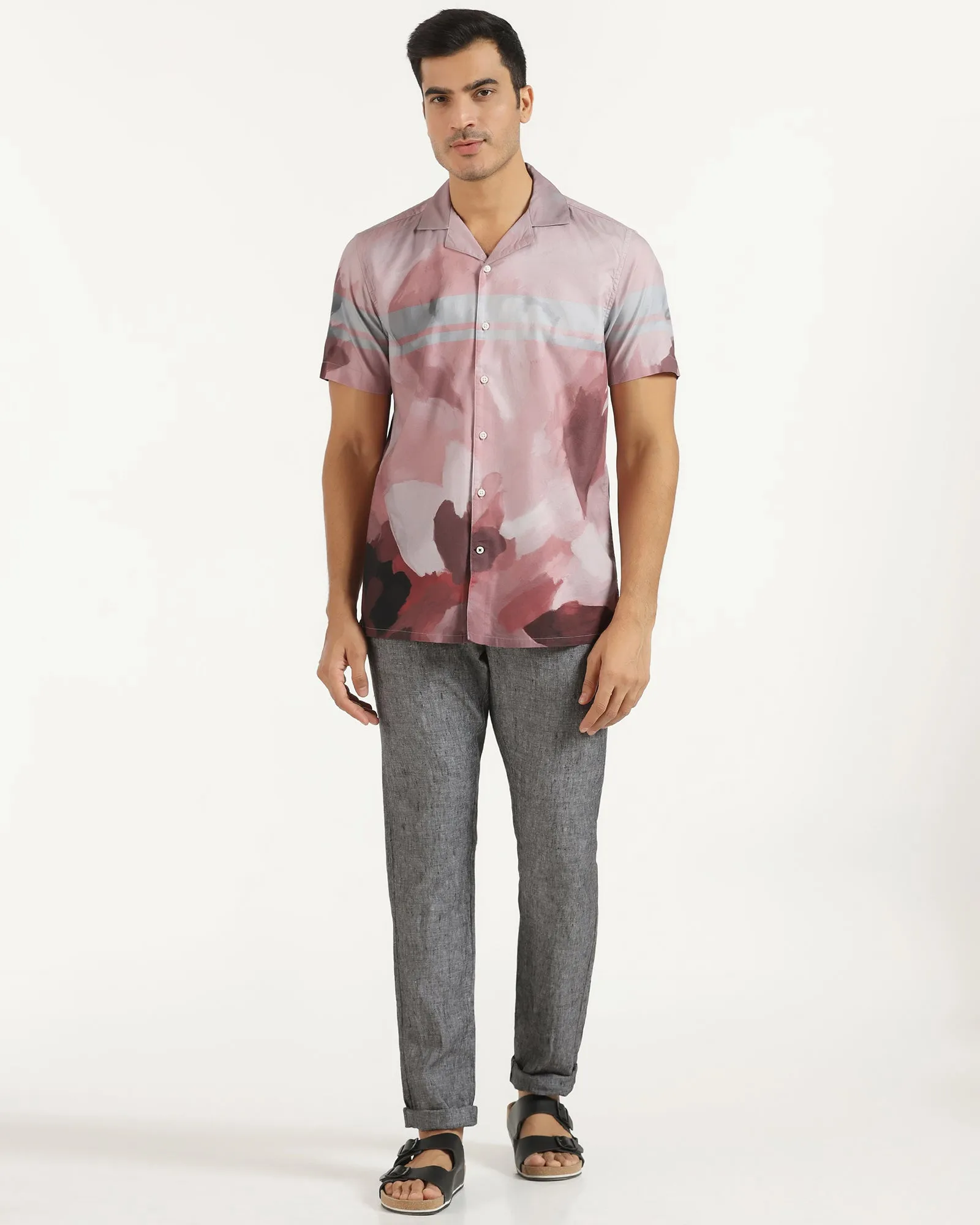 Linen Casual Half Sleeve Red Printed Shirt - avery Anti Pill Treatment