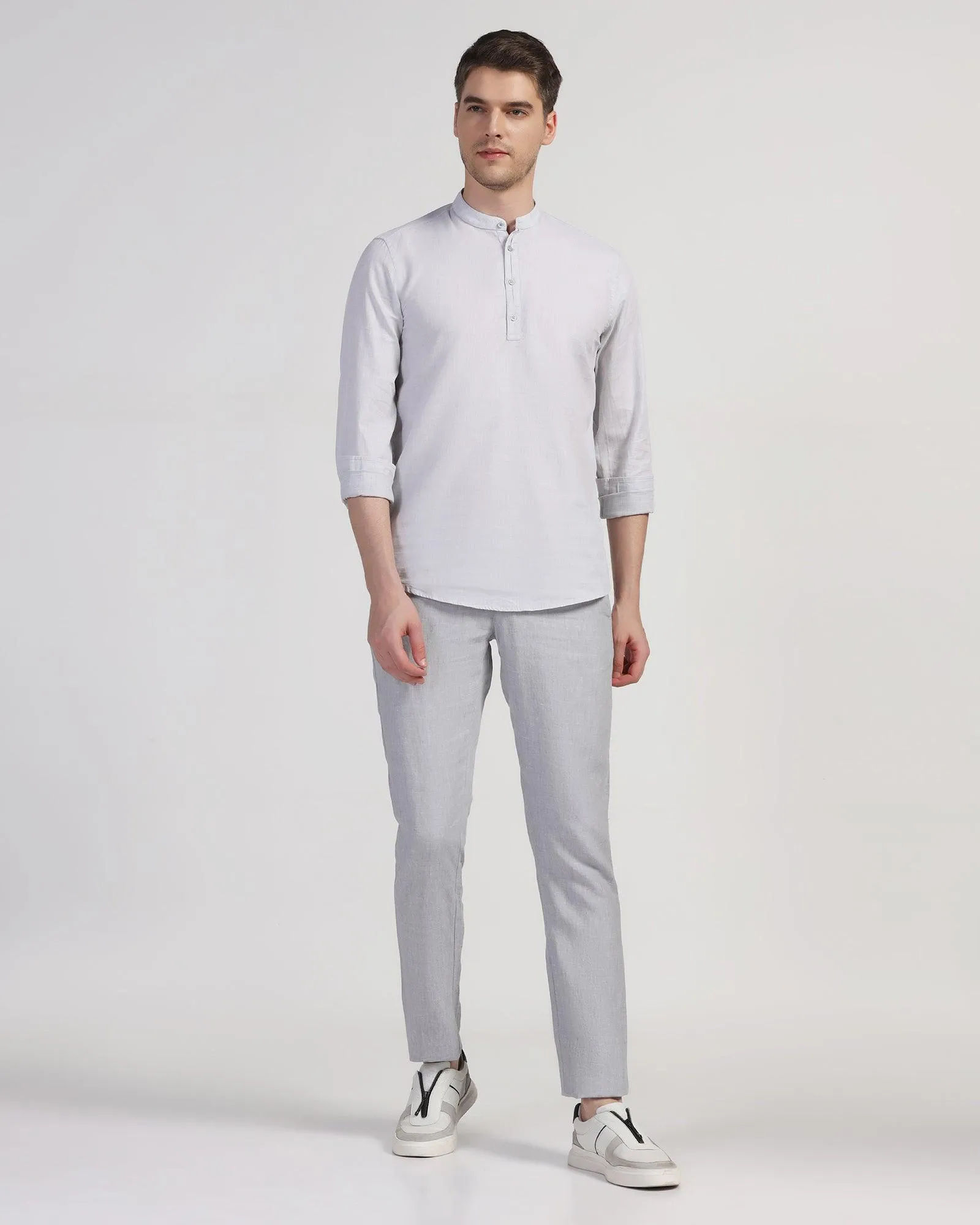 Linen Slim Comfort Casual Light Grey Solid Khakis - Silver Stay Dry