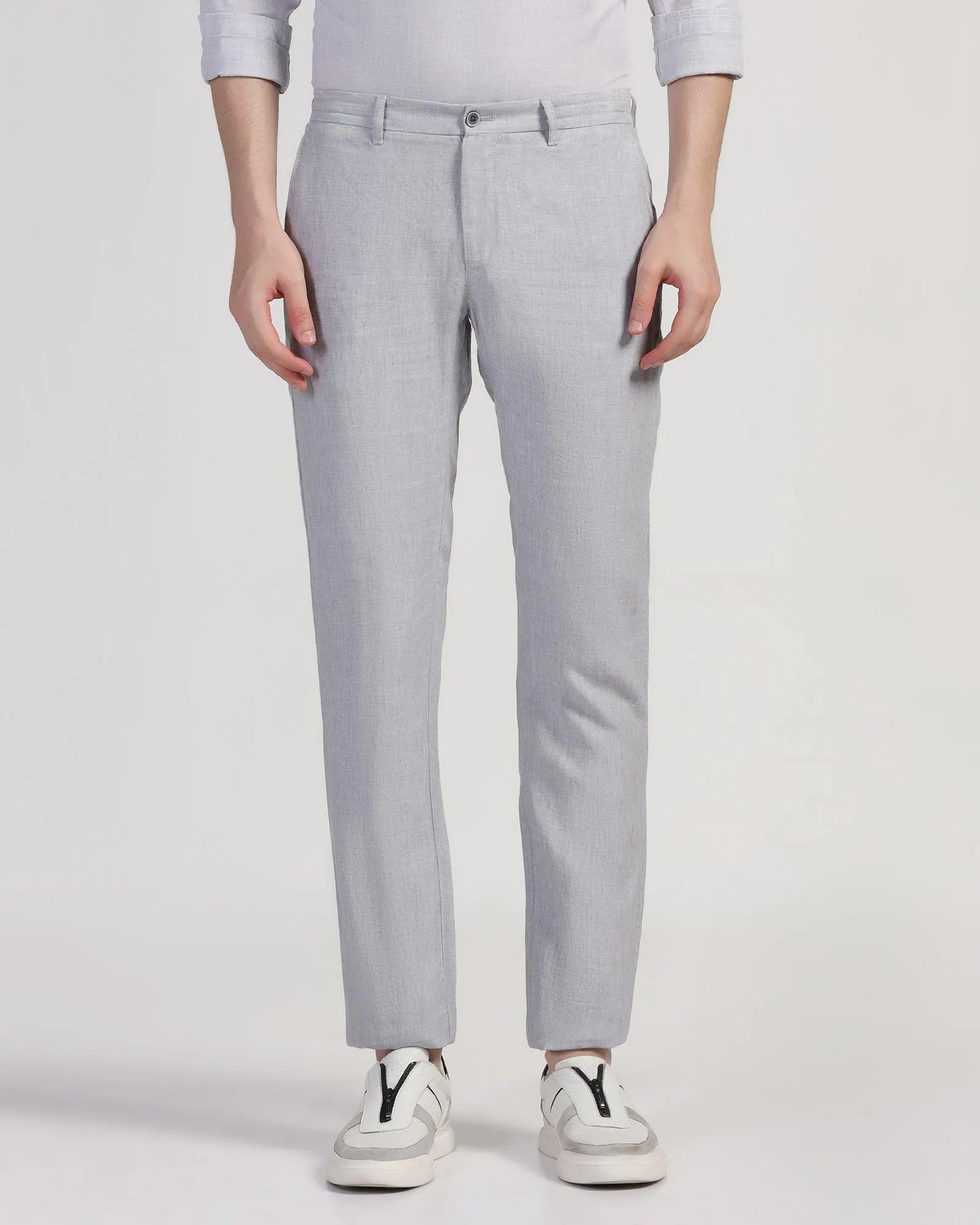 Flat Lock Seams Linen Slim Comfort Casual Light Grey Solid Khakis - Silver