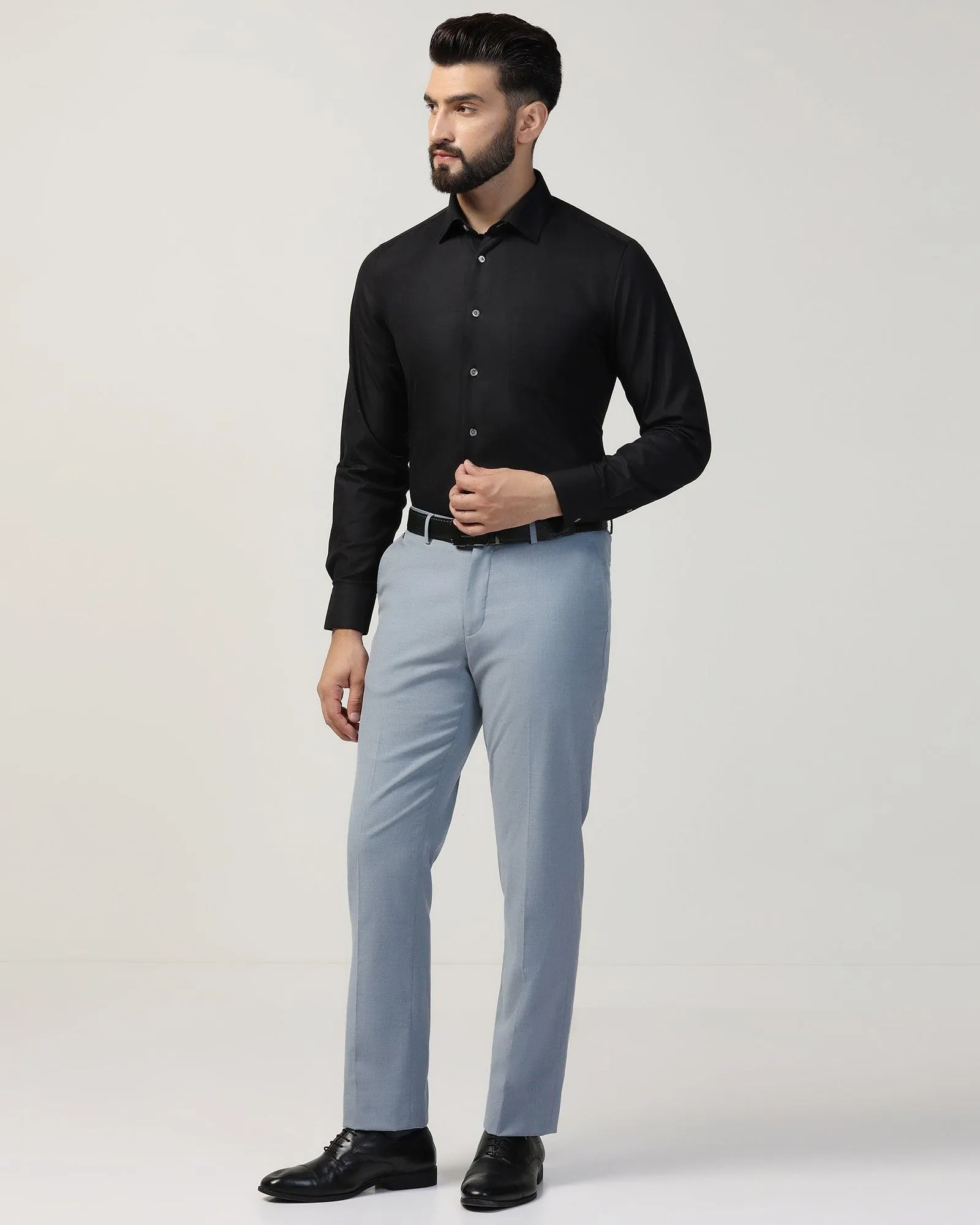 All-Day Wear Straight B-90 Formal Light Blue Melange Solid Trouser - Eldorado