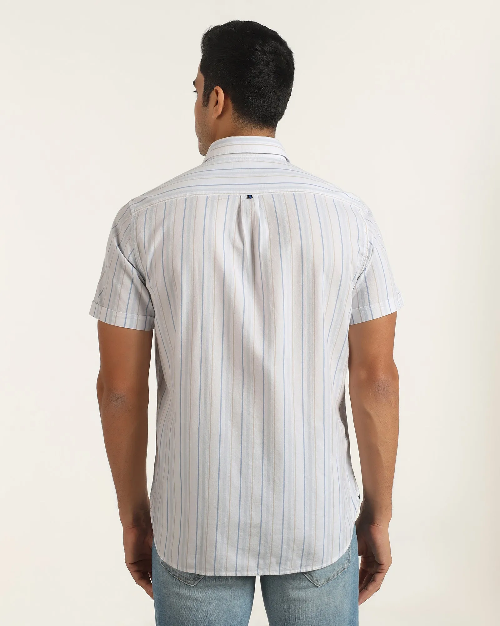 Casual Half Sleeve Blue Stripe Shirt - Masami Bold Pattern Timeless Piece