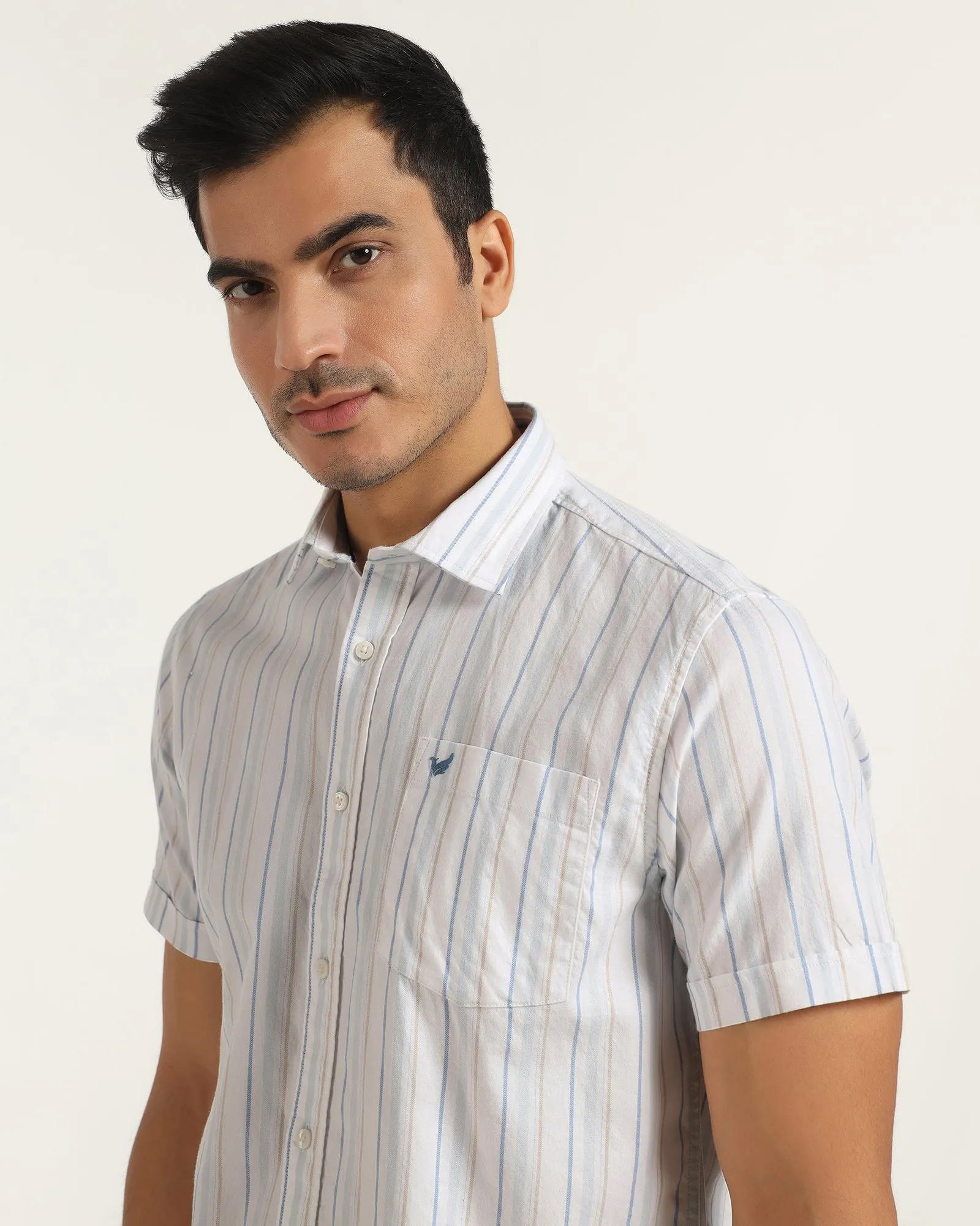 Luxury Feel Smooth Finish Casual Half Sleeve Blue Stripe Shirt - Masami
