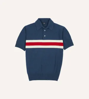Blue Stripe Knitted Crepe Cotton Short-Sleeve Polo Shirt Serene Ease