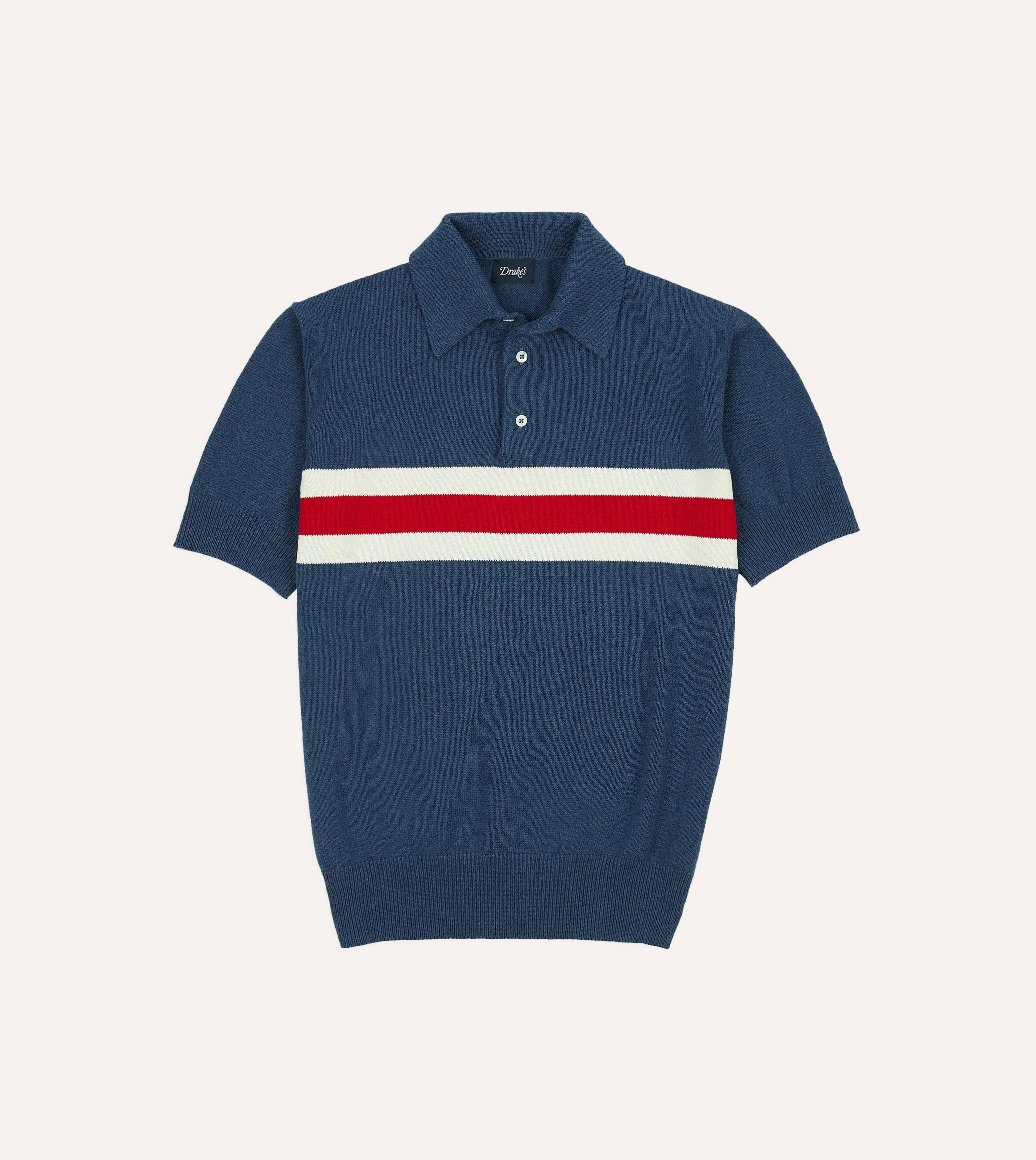 Blue Stripe Knitted Crepe Cotton Short-Sleeve Polo Shirt Serene Ease