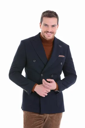 Hollow Fiber Fill Comfort Fit Double Breasted Wool Blend Navy Casual Blazer