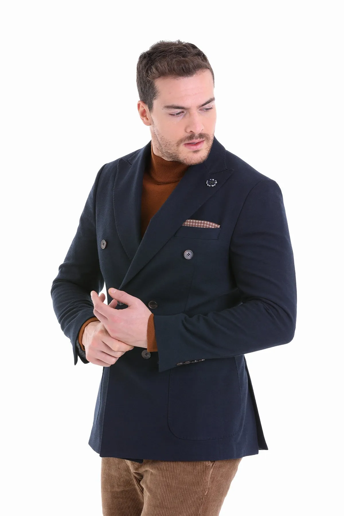 Touchscreen Compatible Cuffs Comfort Fit Double Breasted Wool Blend Navy Casual Blazer